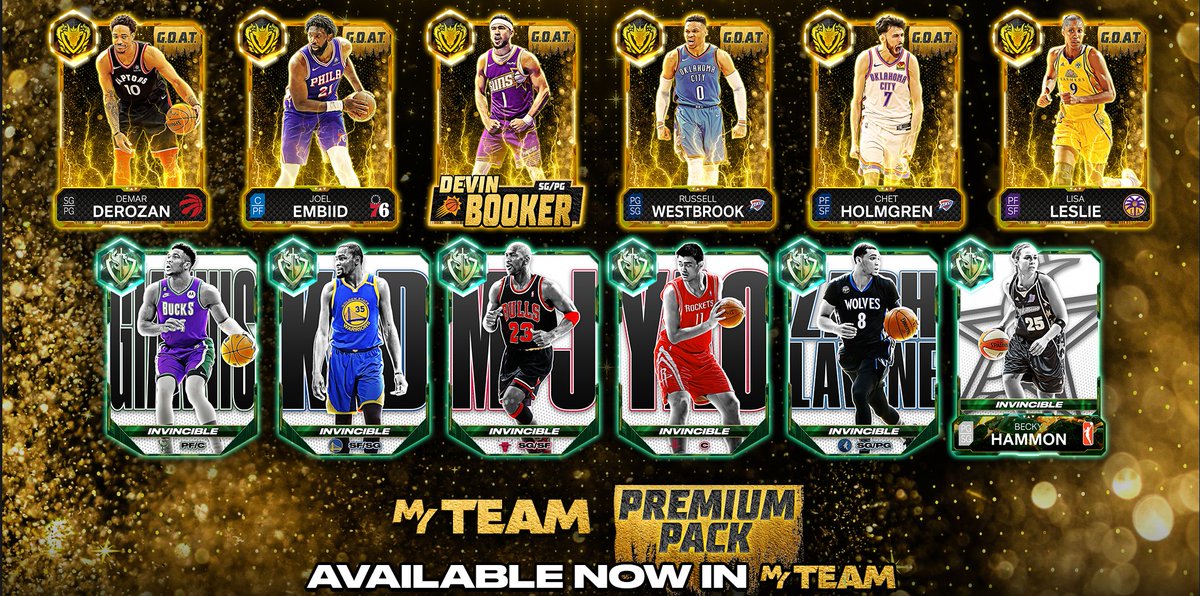 NBA2KMyTEAM's tweet photo. Upgrade your squad with unstoppable bucket getters and all-time talent like Devin Booker, Russell Westbrook, Chet Holmgren, Michael Jordan, Kevin Durant, and more, live in the Pack Market! 💥 https://t.co/e1IdQvxT9v