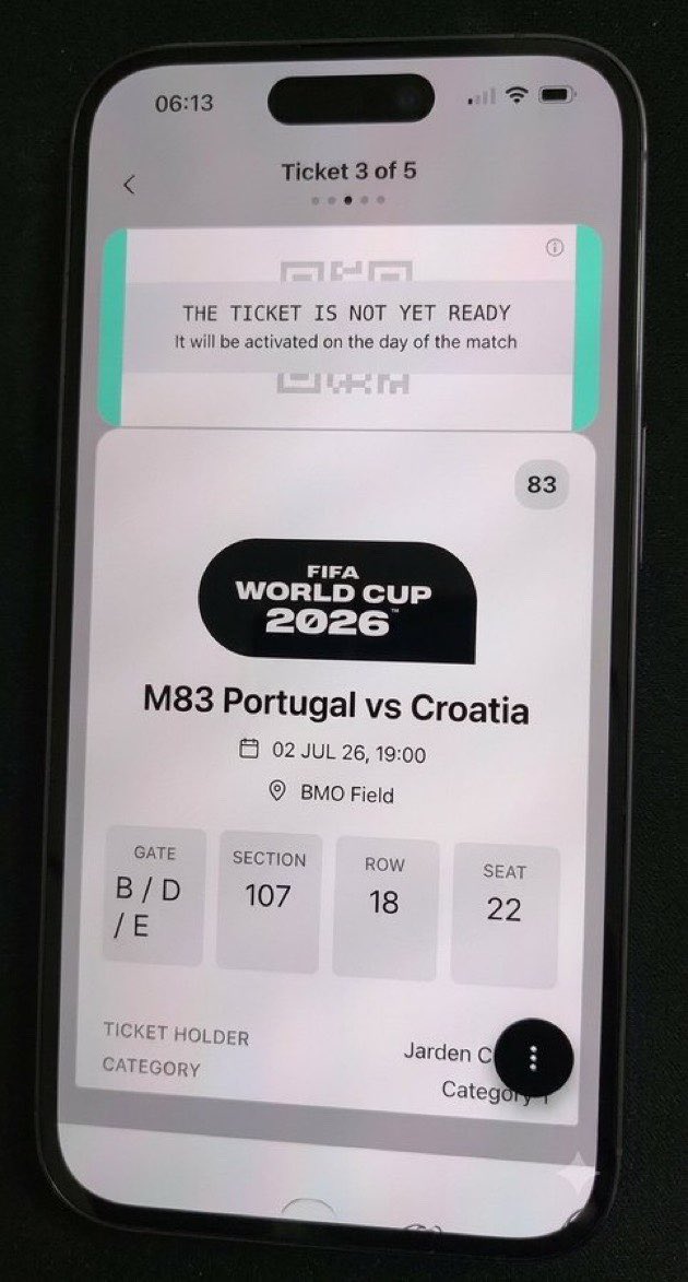 koudai210's tweet photo. I currently have 2tickets available for the Portugal 🇵🇹 vsCroatia 🇭🇷 round of 32 coming up in Toronto. I’m willing to sell for $1000 each ticket.  I’m ready to send ticket first but I need to be safe too.#portugal #fifaworldcup2026 #worldcupticket #worldcup #cr7 #modric #ticket26 https://t.co/qcyLsEujgW