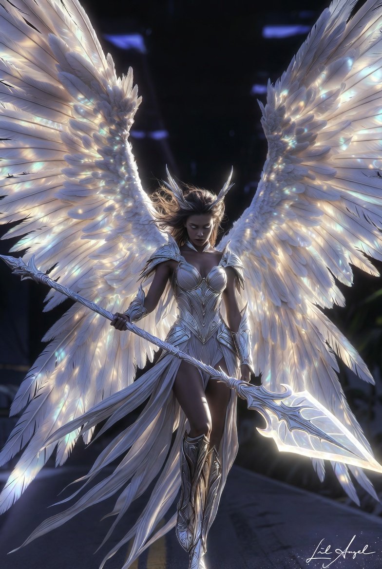 CLAngelillo's tweet photo. 🌌 Born from starlight and tempered in shadow.  
She walks between worlds — neither fully divine, nor entirely mortal.  
A living storm of grace and fury.  

The Lil Angel has landed.  
And the night just got brighter. ✨⚔️

#AngelOfLight #DarkFantasy #FantasyArt #GoddessVibes https://t.co/lnCmw6zV39