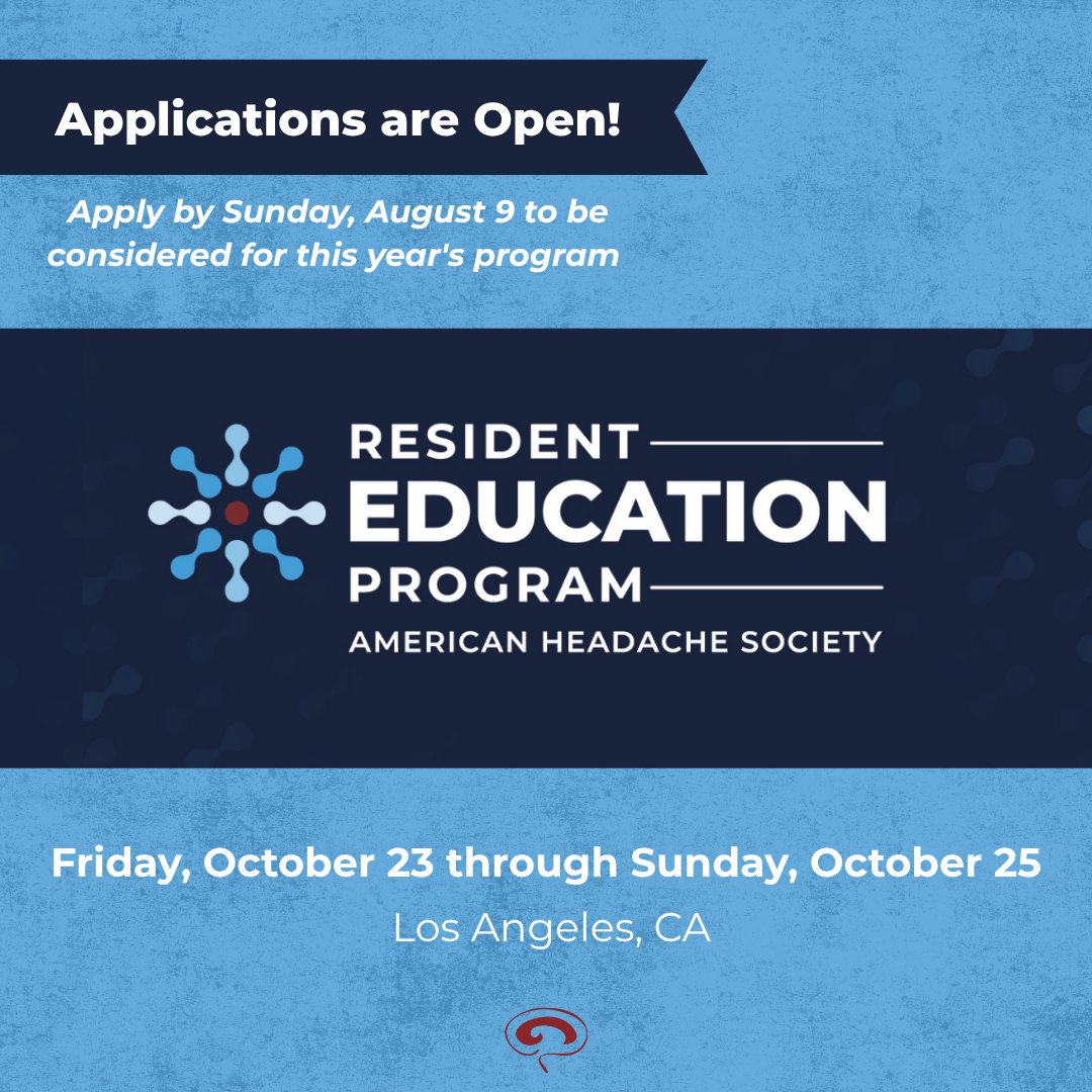 ahsheadache's tweet photo. Applications for the 2026 AHS Resident Education Program are now open! Join us Oct. 23-25th in Los Angeles, CA. 

Build your foundation in #headachemedicine. 

Learn more and apply by August 9: https://t.co/L1lVPTZcL4

#HeadacheEdu https://t.co/f9mleH3F3v