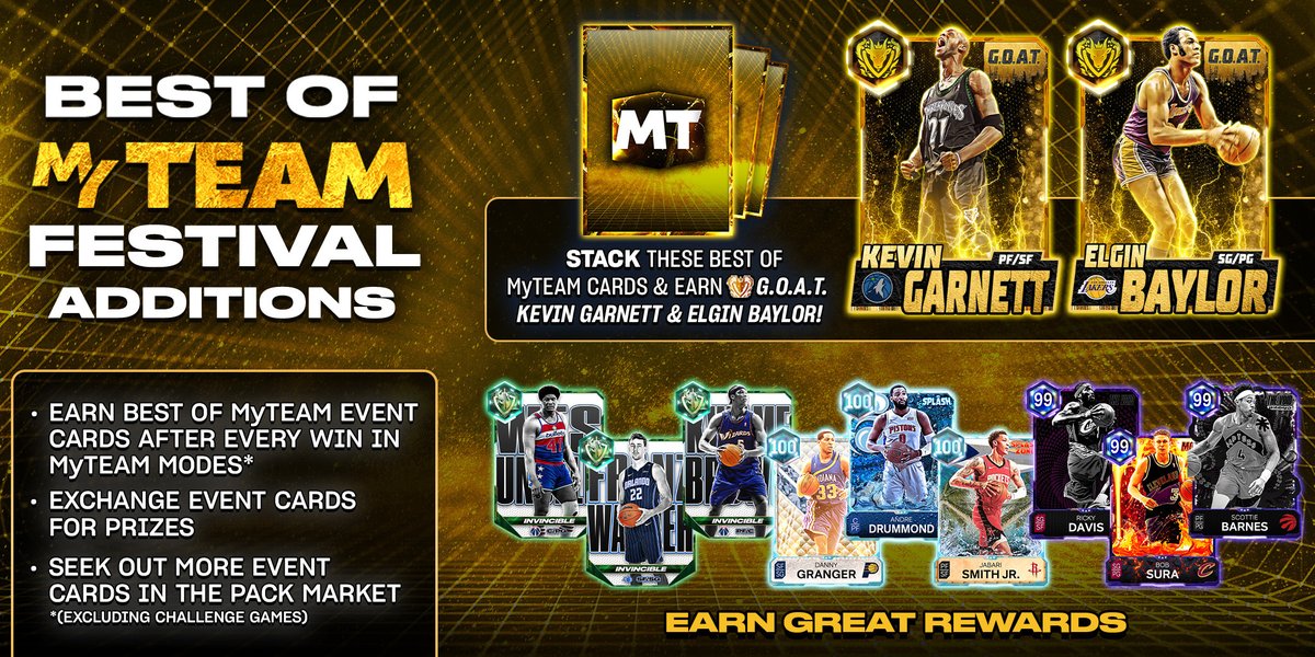 NBA2KMyTEAM's tweet photo. More Stars have just been added to the Best of MyTEAM Festival 🤩🎉

Cash in your Event Cards right now to inject elite star power into your lineup with 🐐 G.O.A.T. Kevin Garnett, 🛡️ Invincible Franz Wagner, 💯 OVR Jabari Smith Jr., and more! https://t.co/nGItNSnzIF