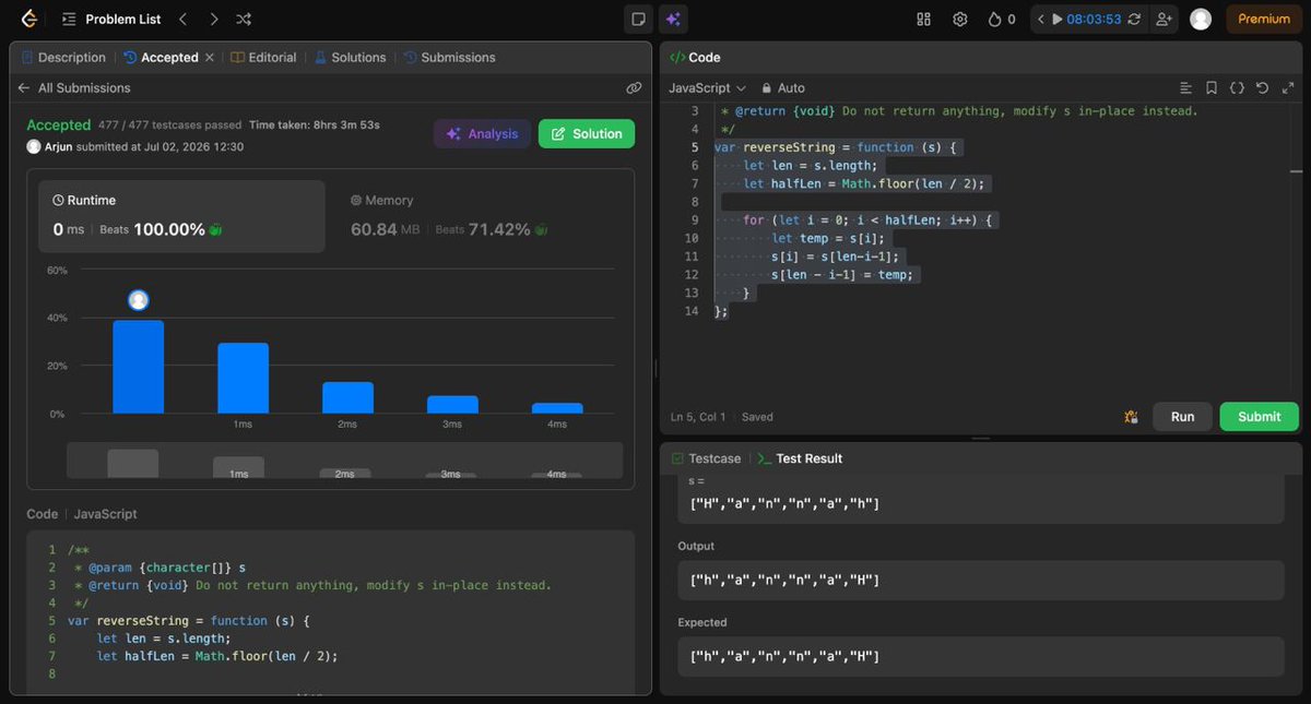 ArjunReactpanda's tweet photo. 🚀 Day 5/365 – DSA

Solved today:
✅ LC 344 – Reverse String
✅ LC 1 – Two Sum

Learned the Two Pointers and Complement Lookup (HashMap) patterns. Also understood the one-pass HashMap approach
#365DaysOfCode #DSA #NamasteDev #LeetCode #JavaScript https://t.co/bzUsllzGI4