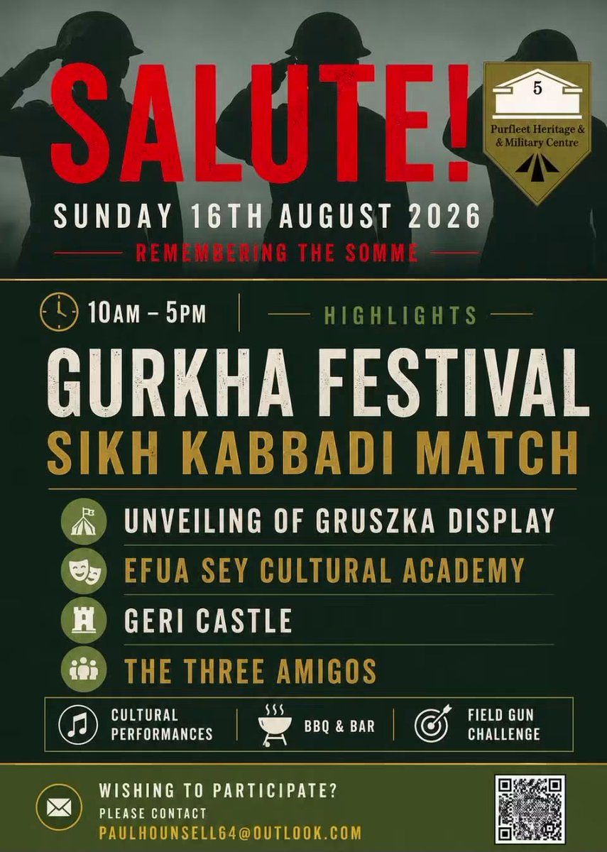 PurfleetHMC's tweet photo. Purfleet Heritage and Military Centre is pleased to be hosting its annual Gurkha and SALUTE Festival on Sunday 16th August.

If anyone would like to bring along a stall to the event to promote their charity, group or business, contact us at our website, https://t.co/4536gm8wHD https://t.co/wpJVhpnGUl