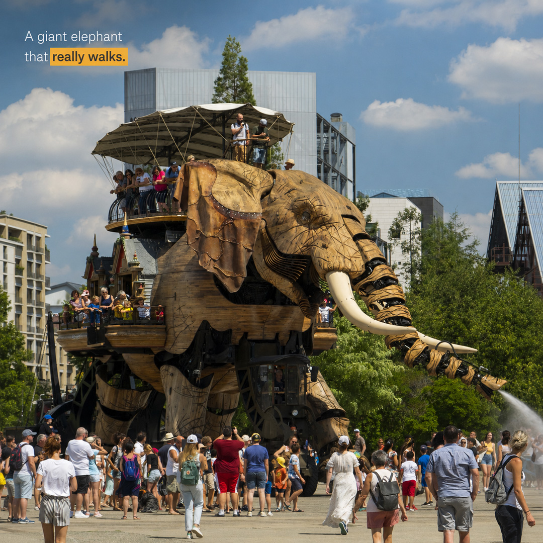 archpng's tweet photo. In Nantes, France, Les Machines de l’île’s Grand Éléphant stands 12 meters / 39 feet high, stretches 21 meters / 69 feet long, and weighs 48.4 metric tons.

Built from steel and wood, it carries visitors through the former shipyard area while its trunk sprays water into the crowd.

Part machine, part sculpture, part moving architecture.

📸 Emoulson