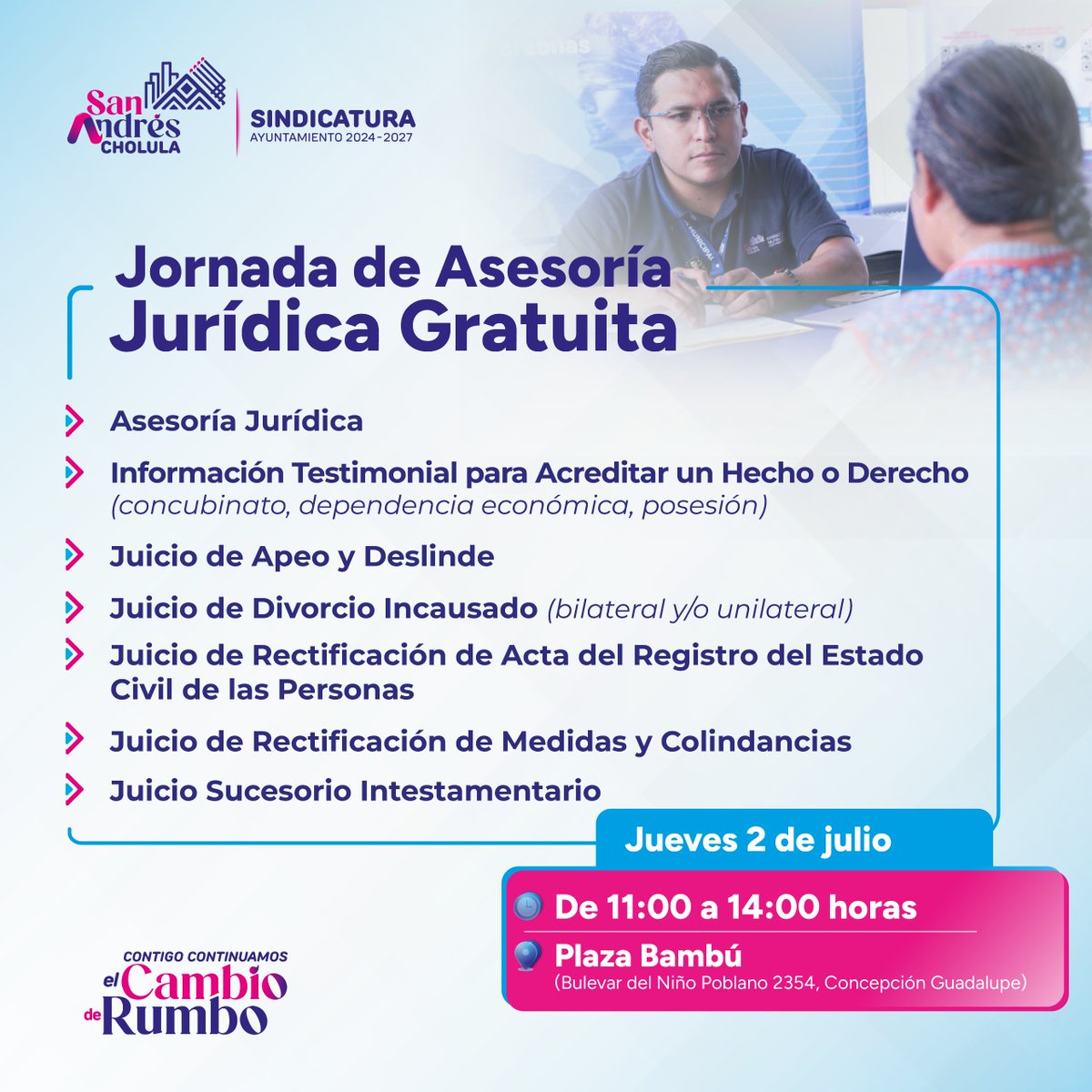 SnAndresOficial's tweet photo. ⚖️🤝Resolver tus dudas legales ahora es más fácil. 
💼 Acércate a la “Jornada de Asesoría Jurídica” y recibe orientación gratuita a través de la Sindicatura Municipal. 📋

📍 Plaza Bambú.
🗓️ Jueves 2 de julio. 

#ContigoContinuamosElCambioDeRumbo https://t.co/5cdaEQE0Ou
