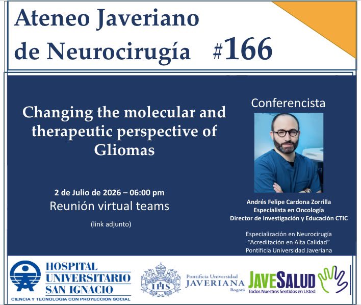 DROSCARZORRO's tweet photo. Hoy en el Ateneo Javeriano, 6:00 p.m.: Cambios moleculares y perspectivas en el manejo de gliomas. Dr. Andrés Cardona, experto en el tema.

https://t.co/bv4SWIyHOR https://t.co/2EjfHKTQxg