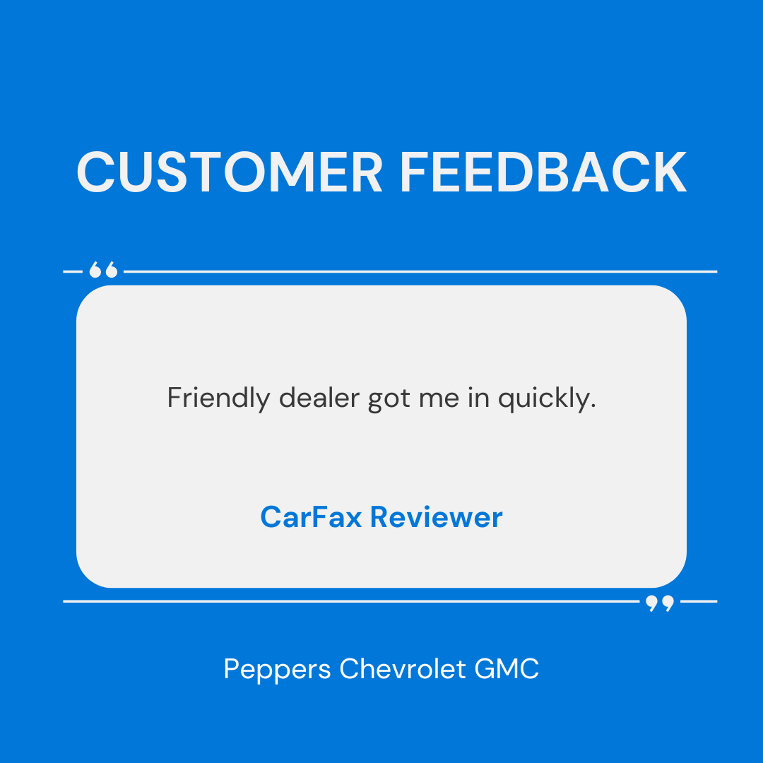 PeppersAuto's tweet photo. Thank you for your positive review! We’re glad to hear you had a quick and friendly experience at Peppers Chevrolet GMC. Our team truly appreciates your feedback and looks forward to seeing you again soon! https://t.co/gIT1KsRb0A