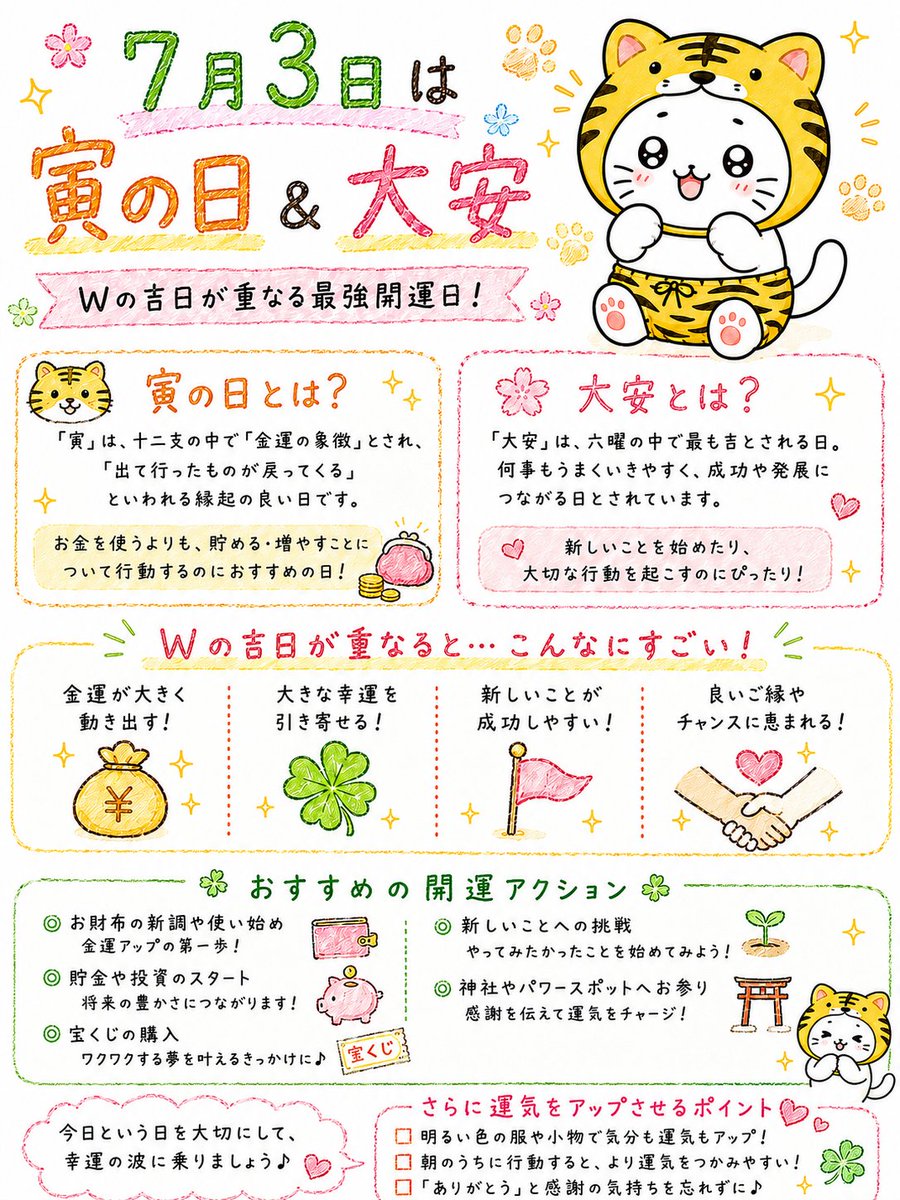 shironeko_7para's tweet photo. ７月３日は『寅の日』＆『大安吉���』！"出ていったものが、かならず帰ってくる"寅の日と、"１日を通してあらゆることにおいて吉"の大安が重なる、スーパーラッキーデー！今日は未来の自分への投資など、わくわくすることにお金をつかうと吉。最高の金曜日になりますようにっ。 https://t.co/Jjle9ddu4O