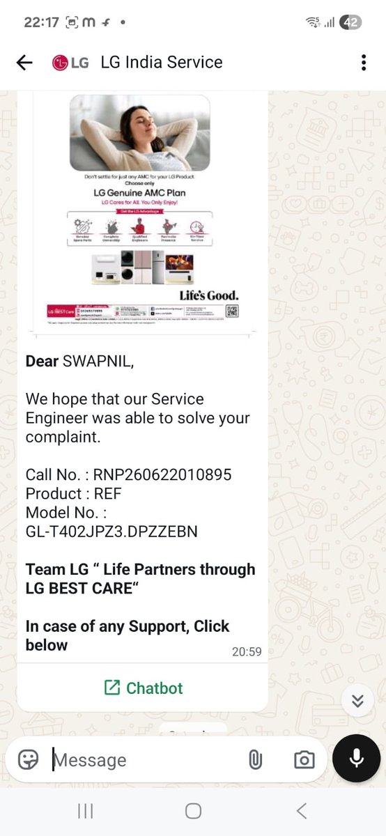 swapnilnaik1's tweet photo. 20+ days and @LGIndia is still unable to repair a refrigerator under service. Multiple technician visits, repeated failed repair attempts, no resolution, and now the assigned engineer doesn’t even answer calls. Customer care keeps giving the same assurances with zero accountability. This has been one of the worst after-sales service experiences I’ve ever had.

Complaint No: RNP260627060377

Is this the quality of service LG promises? I expect immediate intervention and a permanent resolution—not excuses.

#LGIndia #CustomerService #ConsumerRights #AfterSalesService #LG #PoorService

Tag these accounts:

@LGIndia
@LGIndiaConnect 
@jagograhakjago 
@GoI_MeitY 
@consaff 
@CPCINDIA