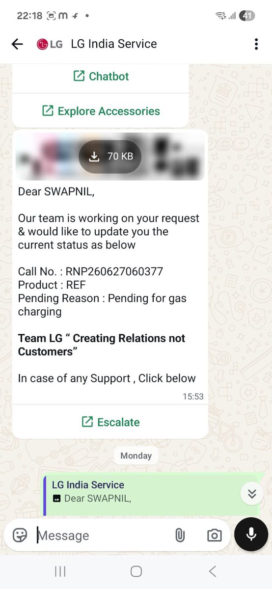 swapnilnaik1's tweet photo. 20+ days and @LGIndia is still unable to repair a refrigerator under service. Multiple technician visits, repeated failed repair attempts, no resolution, and now the assigned engineer doesn’t even answer calls. Customer care keeps giving the same assurances with zero accountability. This has been one of the worst after-sales service experiences I’ve ever had.

Complaint No: RNP260627060377

Is this the quality of service LG promises? I expect immediate intervention and a permanent resolution—not excuses.

#LGIndia #CustomerService #ConsumerRights #AfterSalesService #LG #PoorService

Tag these accounts:

@LGIndia
@LGIndiaConnect 
@jagograhakjago 
@GoI_MeitY 
@consaff 
@CPCINDIA