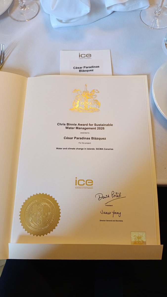 FIClima's tweet photo. Orgullosos de haber recibido hoy el 2026 Chris Binnie Award de la Institution of Civil Engineers (ICE) del Reino Unido por el proyecto #SICMA-Canarias
Enhorabuena por el gran trabajo a todo el equipo, en especial a @dinasquez que representó a FIClima en la ceremonia👏

#ICEAwards https://t.co/XHQxDLHEZr