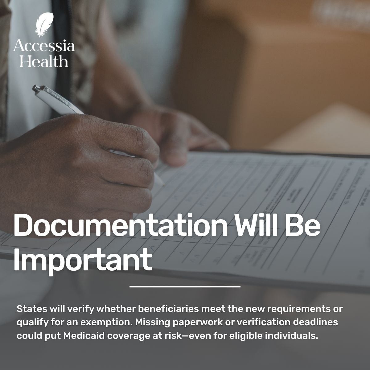AccessiaHealth's tweet photo. Medicaid is changing, and understanding what those changes mean now can help individuals and families prepare before new requirements take effect in 2027. ⏰

Our latest blog breaks down the upcoming federal Medicaid rules in clear, easy-to-understand language, including who may be affected by new work requirements, who may qualify for an exemption, why documentation will matter, and what steps patients and caregivers can take to stay informed. Being prepared today can help reduce confusion and avoid unnecessary interruptions in coverage tomorrow.
 
𝙍𝙚𝙖𝙙 𝙩𝙝𝙚 𝙛𝙪𝙡𝙡 𝙗𝙡𝙤𝙜: https://t.co/yUztxUR9kz
 
#AccessiaHealth #PatientAssistance #Medicaid