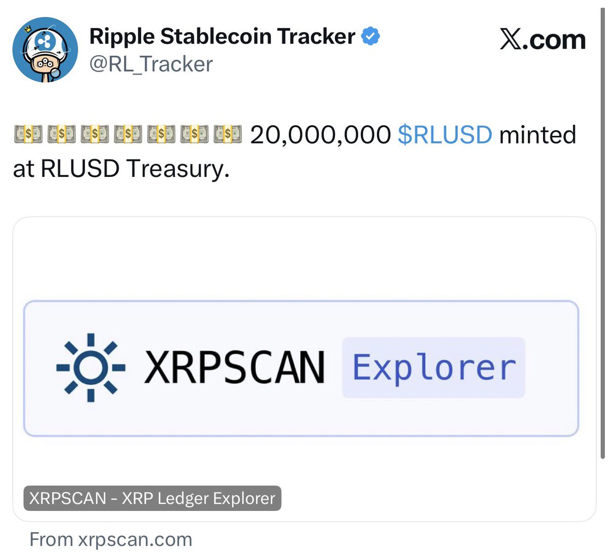 XrpUdate's tweet photo. ANOTHER 20 MILLION $RLUSD MINTED!

@Ripple keeps expanding the $RLUSD supply to meet growing demand.

More liquidity.
More utility.
More adoption.

This is how ecosystems scale. 🚀 https://t.co/cdMSL6LY82