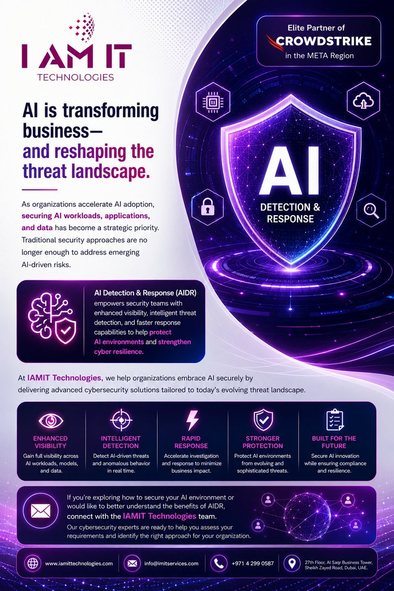 IAMITTech2019's tweet photo. AI is transforming business and security must evolve with it. Protect your AI workloads, and data with intelligent detection, enhanced visibility, and rapid response capabilities. Connect with our experts to learn how AIDR can strengthen your cyber resilience. https://t.co/hNSUYOvlOb