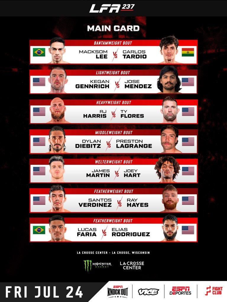 LFAfighting's tweet photo. #LFA237 Full Card ๐ฅ
Takes place Friday, July 24th at the La Crosse Center in #LaCrosse #Wisconsin
๐ฒ Main card live on @VICETV @ESPNDeportes @ESPNKnockout at 9 p.m. ET
Select prelims on @SpectationNet
๐๏ธ: https://t.co/zyMSjYNI6D https://t.co/ZDN4uFd1Hc