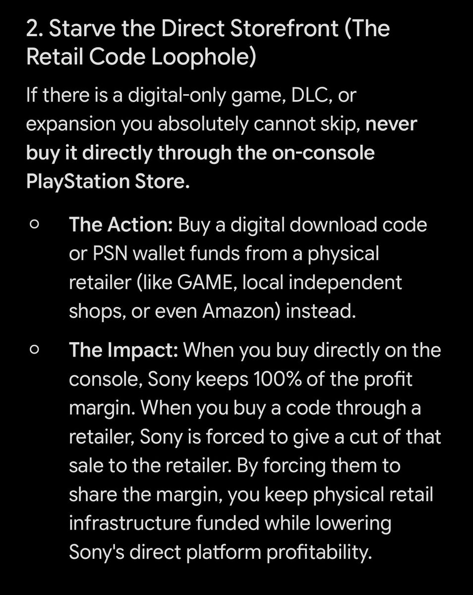 Warlustgg's tweet photo. Further tips for anyone boycotting PlayStation due to their removal of physical media.

Also my app is now deleted I don’t need it now I emptied the wishlist !

The power of one, together as many is powerful. https://t.co/jeWL47qnFq