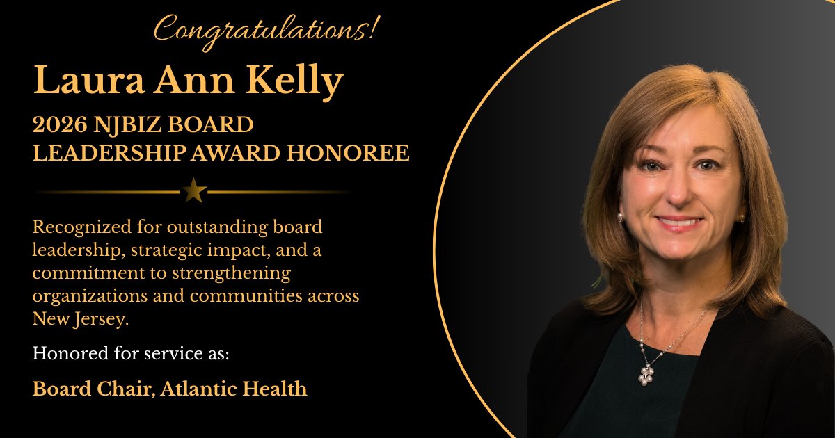 DKBGlawgroup's tweet photo. We're proud to congratulate Laura Ann Kelly on being named a 2026 NJBIZ Board Leadership Award Honoree!

Laura was recognized for her outstanding leadership as Board Chair of Atlantic Health. https://t.co/UfLxC8keei