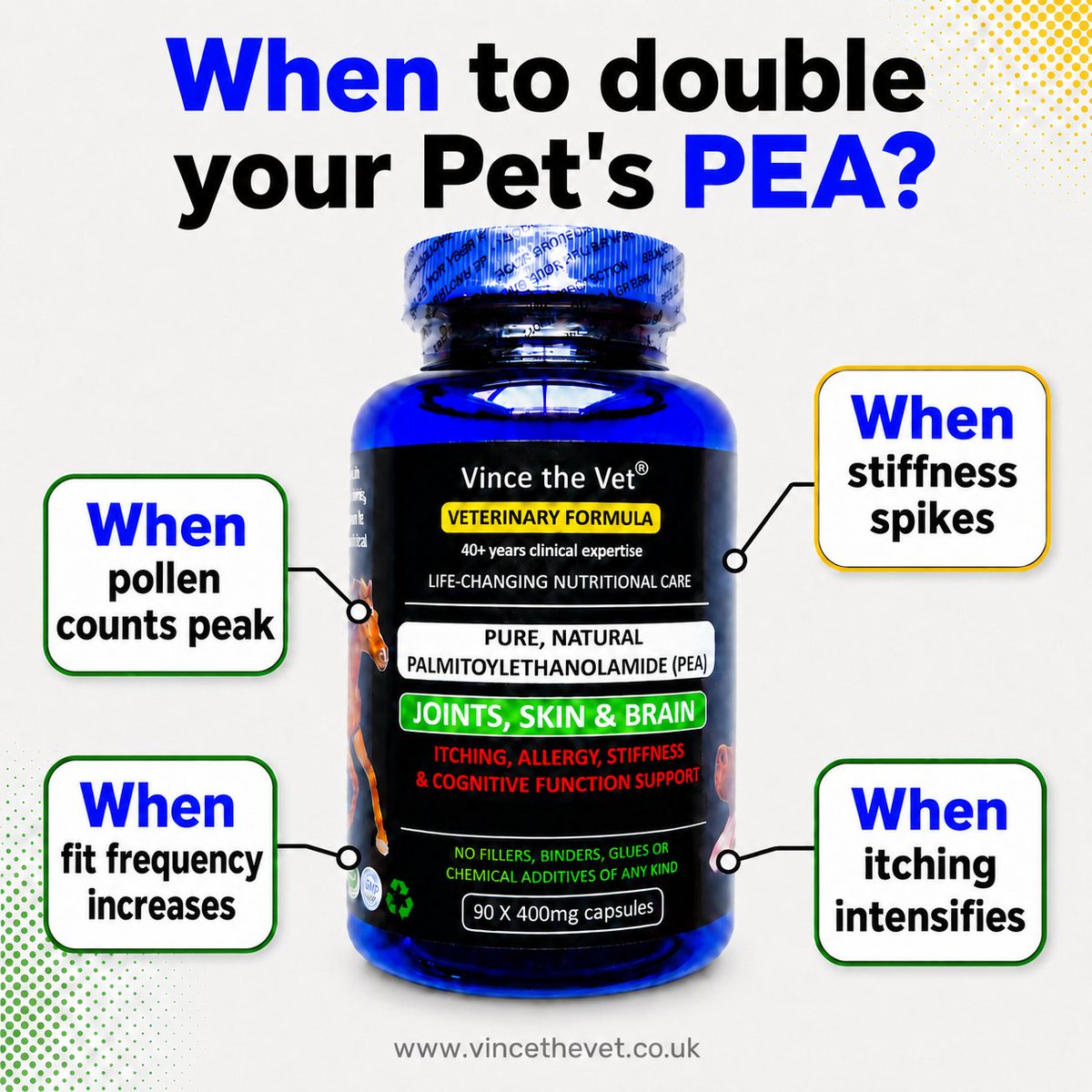 VinceTheVet's tweet photo. WHEN TO DOUBLE YOUR PET'S PEA:

Sometimes, following supplementation with PEA and a period of all going well for many months, a sudden increase in stiffness, itching, fit frequency or other signs may occur.

This is often due to triggering factors, such as too much physical activity aggravating sore joints, high pollen counts inflaming sensitive skin, nerves / the Central Nervous System (CNS) becoming more unstable for some reason. At times like these, doubling the daily amount of PEA can be highly beneficial for restoring well-being once more.

And because PEA is 100% natural, and is a normal part of canine / feline physiology (it is produced in the body itself in response to inflammation, pain and stress) it is safe and side-effect free* even when given in increased quantities for extended periods.

*Stool softening may occur in a small number of pets - usually when there is a history of digestive disturbances. This typically resolves when supplementation is paused, and later resumed at a lower dose, once formed faeces are being passed regularly again.

PEA - click here to learn more: >>> https://t.co/c2itFM8AMy