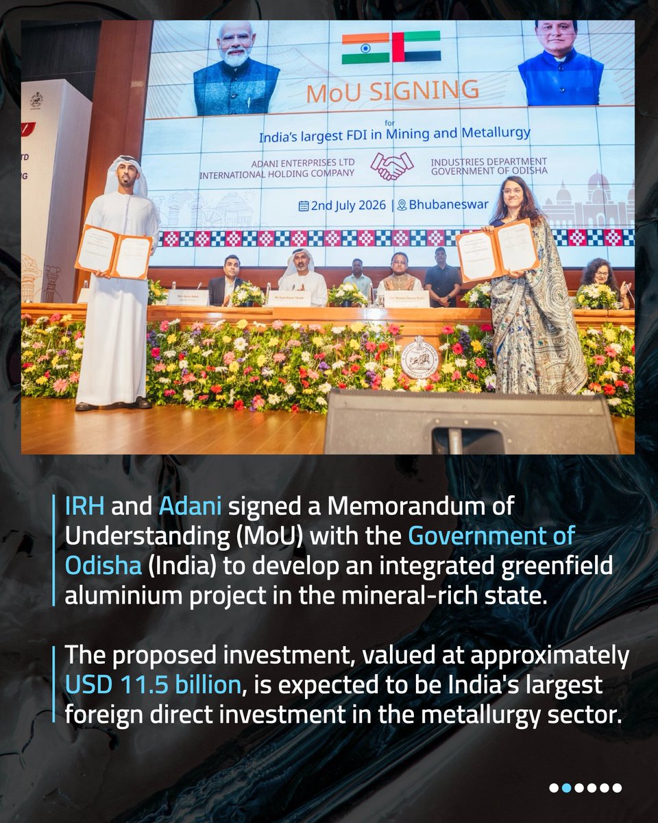 ihc__official's tweet photo. International Resources Holding @IRH_holding and Adani Enterprises Limited  @AdaniOnline today signed a Memorandum of Understanding (MoU) with the Government of Odisha to develop an integrated greenfield aluminium project in the mineral-rich state.

The proposed investment, valued at approximately USD 11.5 billion, is expected to be India's largest foreign direct investment in the metallurgy sector. IRH and Adani will form a 50:50 joint venture for the proposed project. 

This new joint venture with IRH represents another important milestone in IHC's previously announced multi-billion-dollar investment strategy for India, reinforcing the Group's long-term commitment to investing across strategically important sectors that support industrial growth and economic development.

IRH is an IHC Group company through @2pointzerogroup. 

Read more here: https://t.co/bOYNuDLRLL

#IHC #IRH #India