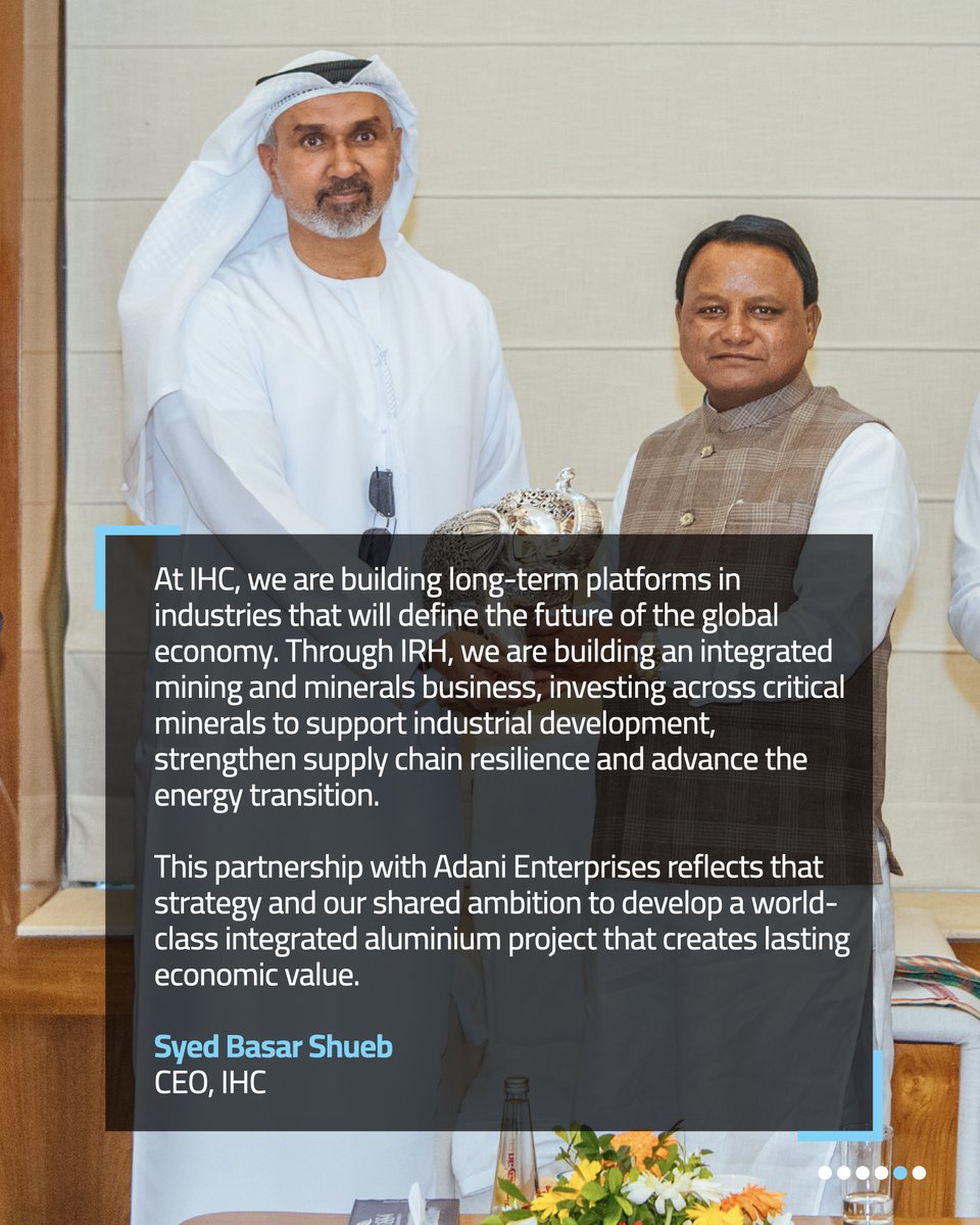 ihc__official's tweet photo. International Resources Holding @IRH_holding and Adani Enterprises Limited  @AdaniOnline today signed a Memorandum of Understanding (MoU) with the Government of Odisha to develop an integrated greenfield aluminium project in the mineral-rich state.

The proposed investment, valued at approximately USD 11.5 billion, is expected to be India's largest foreign direct investment in the metallurgy sector. IRH and Adani will form a 50:50 joint venture for the proposed project. 

This new joint venture with IRH represents another important milestone in IHC's previously announced multi-billion-dollar investment strategy for India, reinforcing the Group's long-term commitment to investing across strategically important sectors that support industrial growth and economic development.

IRH is an IHC Group company through @2pointzerogroup. 

Read more here: https://t.co/bOYNuDLRLL

#IHC #IRH #India