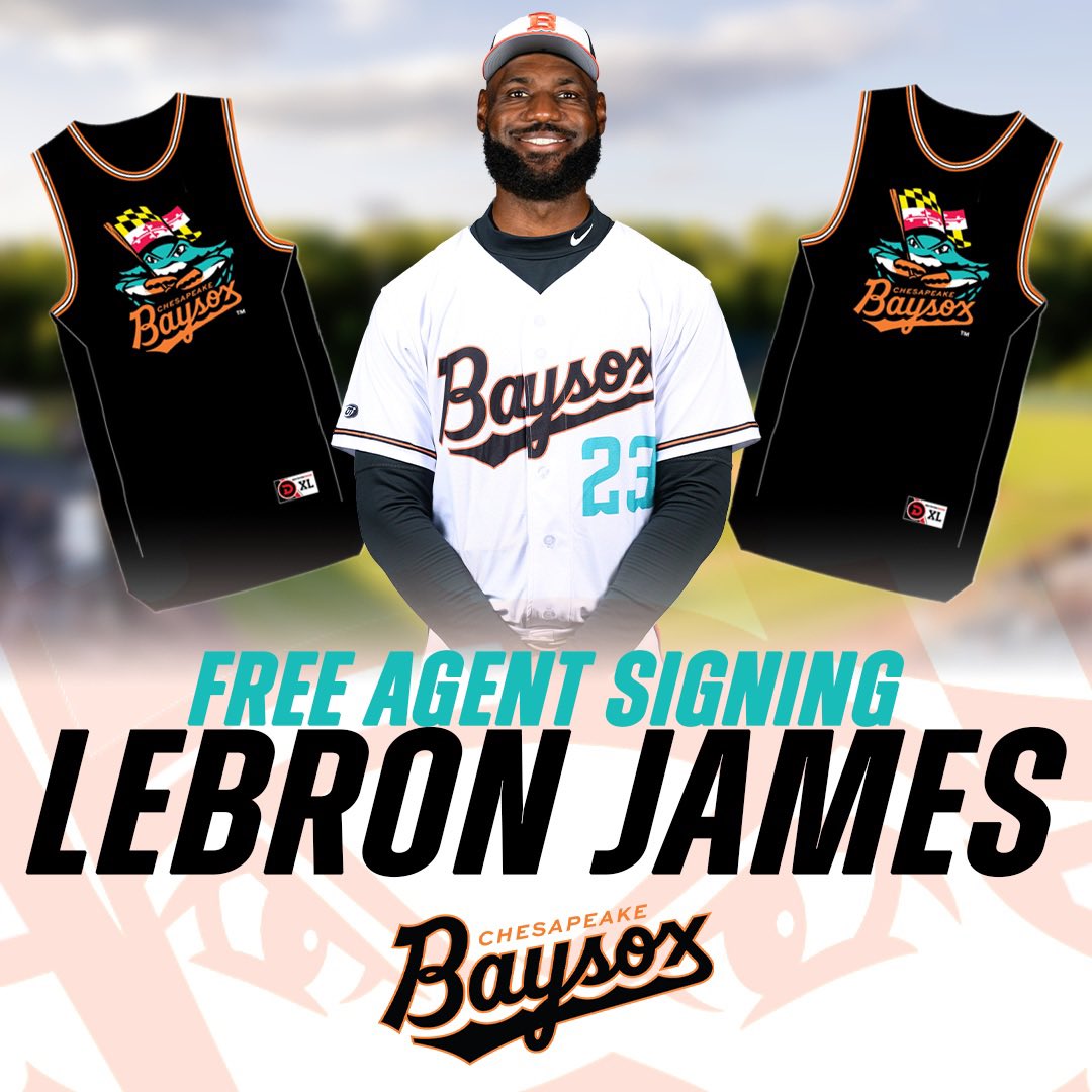 BaysoxOfficial's tweet photo. 🚨 BREAKING 🚨

The Chesapeake Baysox, Double-A affiliate of the Baltimore Orioles, have signed four-time NBA Champion, four-time NBA MVP, 21-time NBA All-Star, and the NBA's all-time leading scorer, LeBron James, in free agency.

#PlayAtTheBay #LeBronJames #NBAFreeAgency https://t.co/uvLKCSiOmB