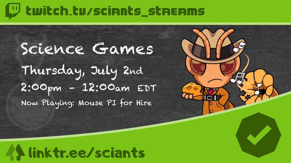 SciAnts_Media's tweet photo. It's SciAnts Game Day! Today we are playing Dark Scrolls with @StreamingFlacon and chatting science!
2pm EDT
#science #twitch #TwitchPartner #live #stem #sciants #livestream #scicomm #twitchambassador
https://t.co/gtFRVGqe0K https://t.co/Mue3Hbrshx