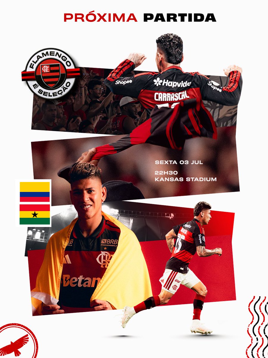 Flamengo's tweet photo. 🏆 Copa - 16 avos de final
🆚 Gana 
🏟️ Estádio de Kansas City
🗓️ Amanhã (03)
⏰ 22h30

📺 Assista a nossa programação especial para a Copa na #FlamengoTV, no YouTube!

#PróximaPartida #FlamengoESelecao https://t.co/1tHCIgKny2