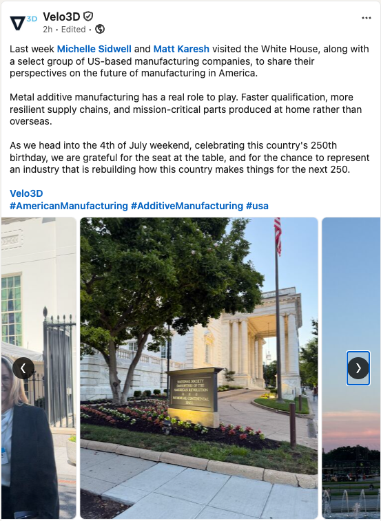 kingtutcap's tweet photo. $VELO: Velo3D at the White House!

"Last week Michelle Sidwell and Matt Karesh visited the White House, along with a select group of US-based manufacturing companies, to share their perspectives on the future of manufacturing in America." https://t.co/lGt7sbRwoq