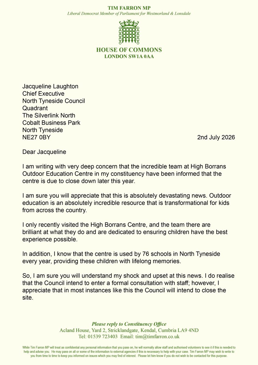 timfarron's tweet photo. I'm deeply concerned by the news that North Tyneside Council have announced that they will be closing High Borrans Outdoor Education Centre in Windermere from November.

I've written to the Chief Executive of North Tyneside Council, asking her to urgently review this decision. https://t.co/3MTCDeziqX