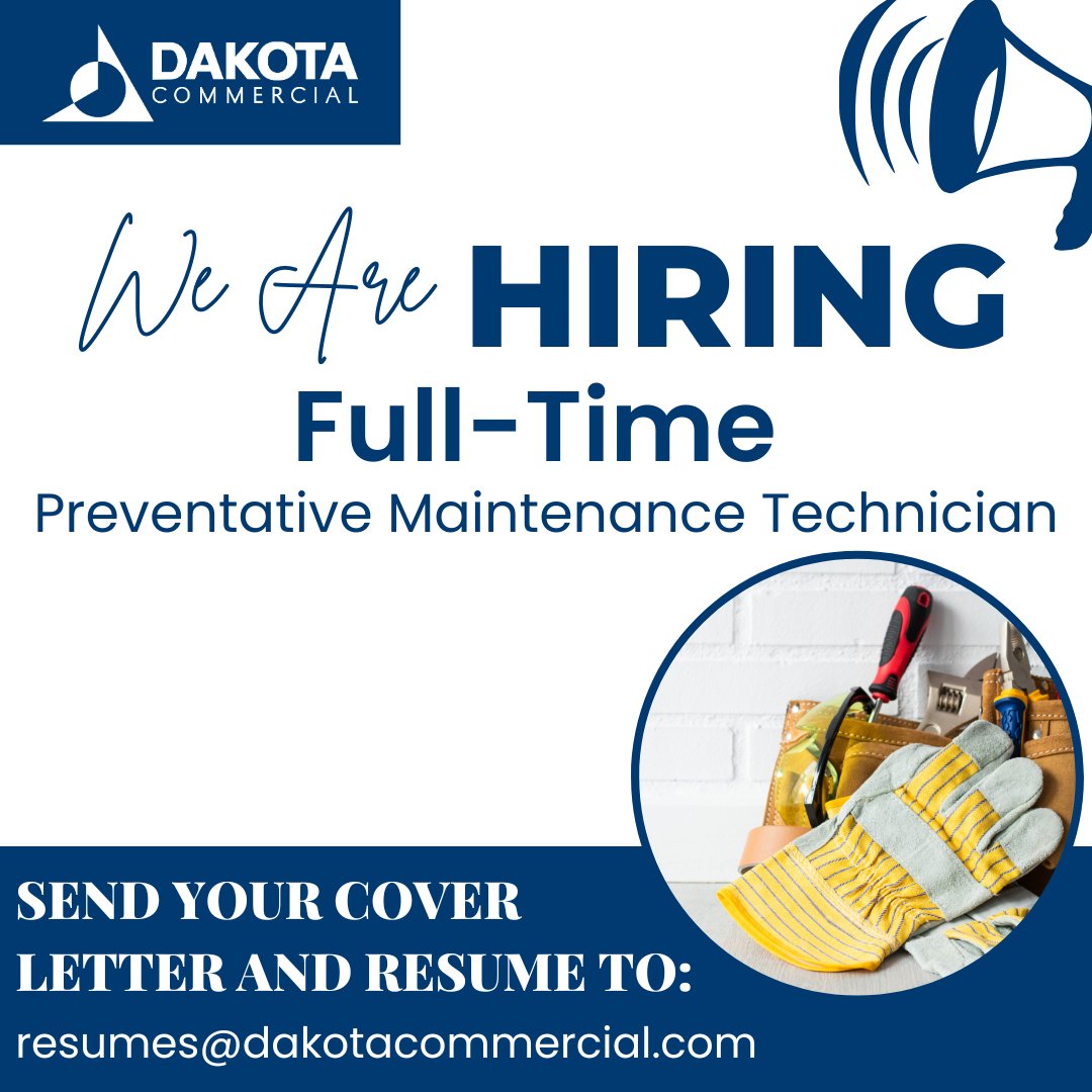 DkotaCommercial's tweet photo. 🔧 We're hiring a Full-Time Preventative Maintenance Technician!
Join Dakota Commercial and help keep our residential and commercial properties looking their best. M–F schedule, company vehicle, employer-paid health insurance, PTO &amp; 401(k).
Learn more: https://t.co/2VMhu6unU9 https://t.co/4o15MCmWt7