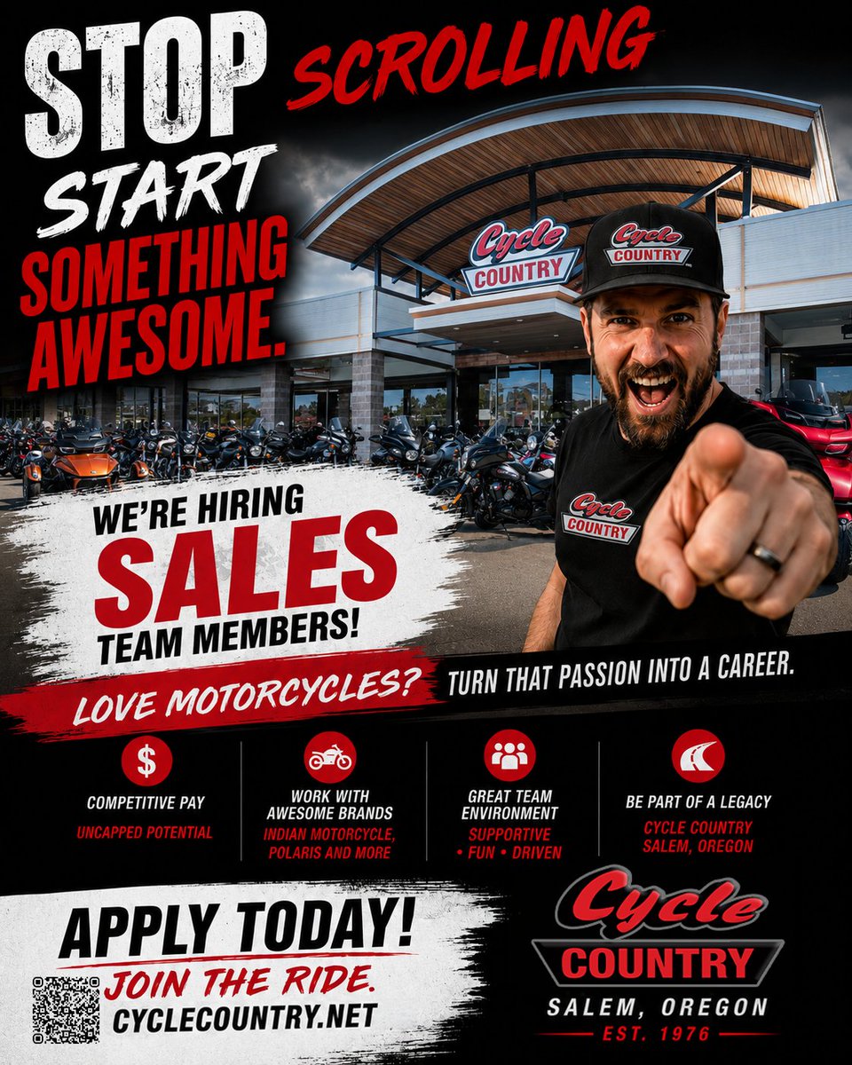 Cycle_Country's tweet photo. We are hiring sales team members in Salem, Oregon. If you love motorcycles, ATVs, UTVs, SideBySides, or the powersports lifestyle, this is ur chance 2 turn that passion into a career. 
Apply today! 
https://t.co/B7vcwVaAZN https://t.co/weUFTldw4y