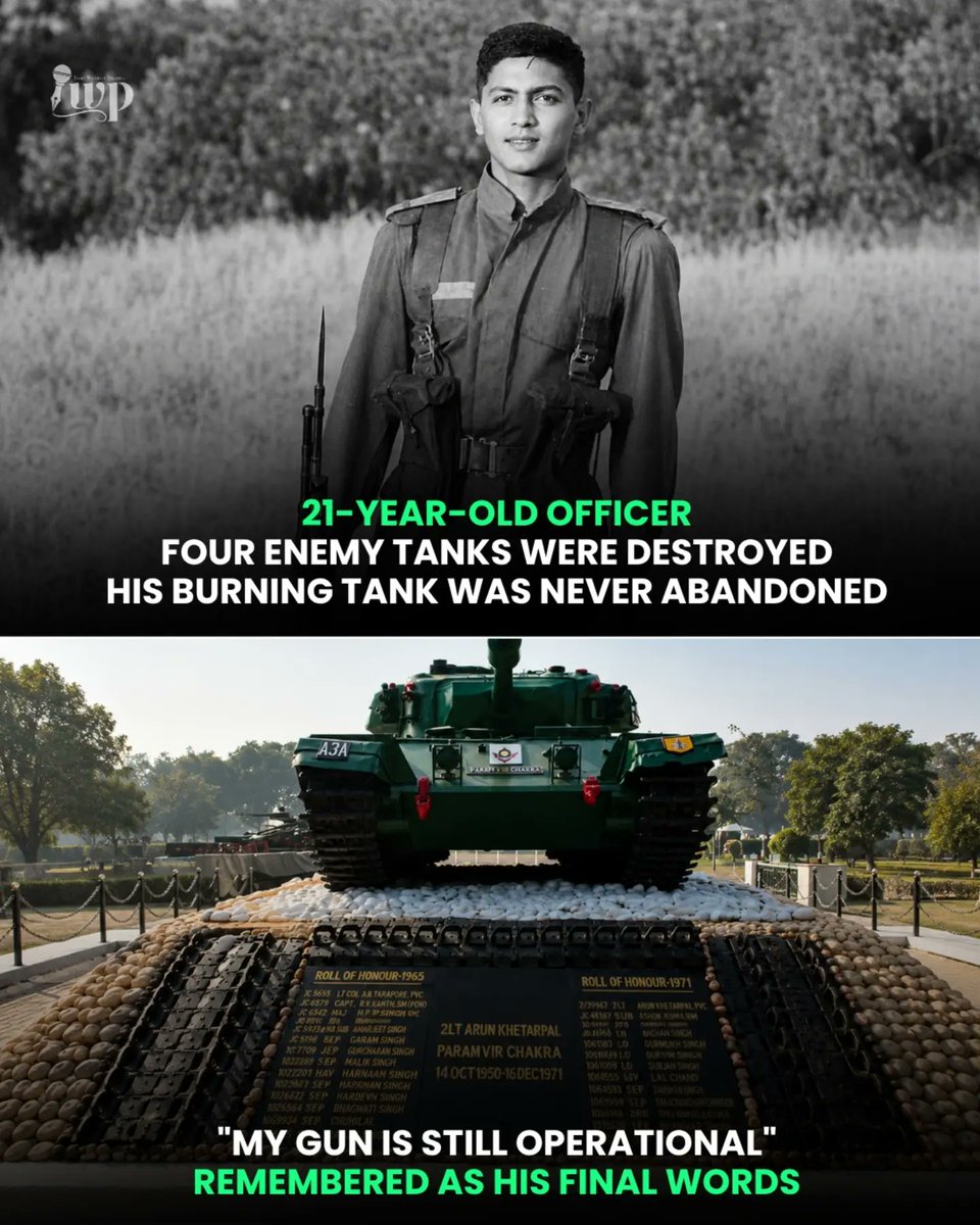 Deepdatemedia's tweet photo. At just 21 years old, Arun Khetarpal displayed extraordinary courage during the 1971 Indo-Pak War. Despite his tank being hit, he continued fighting, reportedly destroying multiple enemy tanks before making the ultimate sacrifice. He was posthumously awarded India's highest wartime gallantry award, the Param Vir Chakra.

"My gun is still operational." — words widely remembered as his final message.

🇮🇳 Respect to a soldier whose bravery continues to inspire generations.