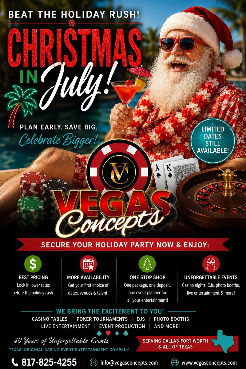 VegasConceptsin's tweet photo. Christmas in July! Now 
Booking Corporate Holiday Parties.
Call us today 817-825-4255
Email us Info@Vegasconcepts.com https://t.co/seMO9FC7Lu