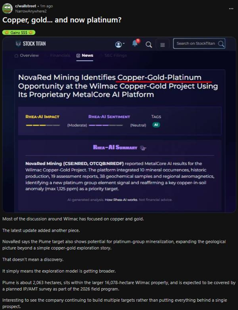 Hannah71633894's tweet photo. THIS IS WHY I KEEP HOLDING $NRED / $NREDF.

NovaRed keeps moving, and the latest MetalCore update gives the market another reason to look closer.

The company took 57 years of public Wilmac exploration data and ran it through its proprietary AI mineral exploration platform.

10 mineral occurrences.

19 assessment reports from 1968-2025.

38 regional geochemical samples.

Past production records.

Regional magnetic data.

Then MetalCore expanded the Wilmac story beyond copper-gold by highlighting a platinum-group element signal across the project.

Whipsaw Creek brings historic gold + platinum placer history with 3,460g recorded gold / 111.24 troy oz.

POLARIS 16 carries Porphyry Cu±Mo±Au plus Alaskan-type Pt±Os±Rh±Ir.

Trojan-Condor shows magnetic highs up to +456 nT.

North Lamont still has the 1,125 ppm copper-in-soil target.

This is why I keep holding.

More data.

More metals.

More target logic.

More progress before the drill window.

Not financial advice. Charts don’t wait for permission.