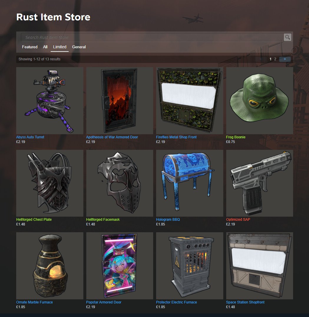 HedgesnVideos's tweet photo. The @playrust Store has rotated for July 2 2026.
#Rust #Playrust #Rustskins
I'll be streaming later to showcase the skins!
https://t.co/39x1uuf3T2 https://t.co/4FubDoHhKX