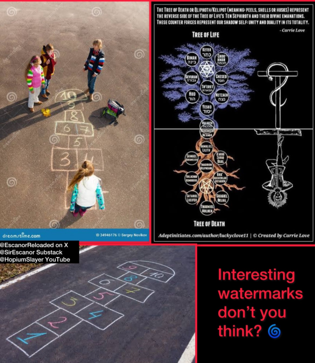 EscanorReloaded's tweet photo. Every Child Plays This Game. Nobody Knows Where Hopscotch Came From.
They handed you the map before you could read.

At some point in your childhood you drew a grid on the ground with chalk, threw a rock, and hopped through numbered squares toward something called heaven.

Nobody told you what you were doing. Nobody asked if you consented. You were six.

Hopscotch is one of the oldest children’s games on record and historians shrug at where it came from. Roman soldiers, maybe. British schoolyards, maybe. The vague origin story is the same one they give you every time they don’t want you asking who actually designed something.

But the structure doesn’t lie even when historians do.

Ten squares. Numbered. Climbing toward a semicircle at the top that every culture, every playground, every language calls the same thing. Heaven.

The Kabbalistic Tree of Life has ten nodes. The Sephirot. They ascend from the material world toward the Crown, Keter, sitting at the top.

Same map. Different chalk.

And Kabbalah isn’t the only tradition that already knew this. Hermeticism, the philosophical bloodline running back to the Emerald Tablet and Hermes Trismegistus, opens with one sentence that does all the work: as above, so below. What sits in the heavens gets mirrored on the ground.

Hopscotch isn’t a metaphor for that principle but the principle, performed. You draw on the ground what supposedly exists above. The grid doesn’t represent the teaching. The grid is the teaching, and the child enacts it without ever knowing why.

That’s not folklore. That’s initiation with better marketing.