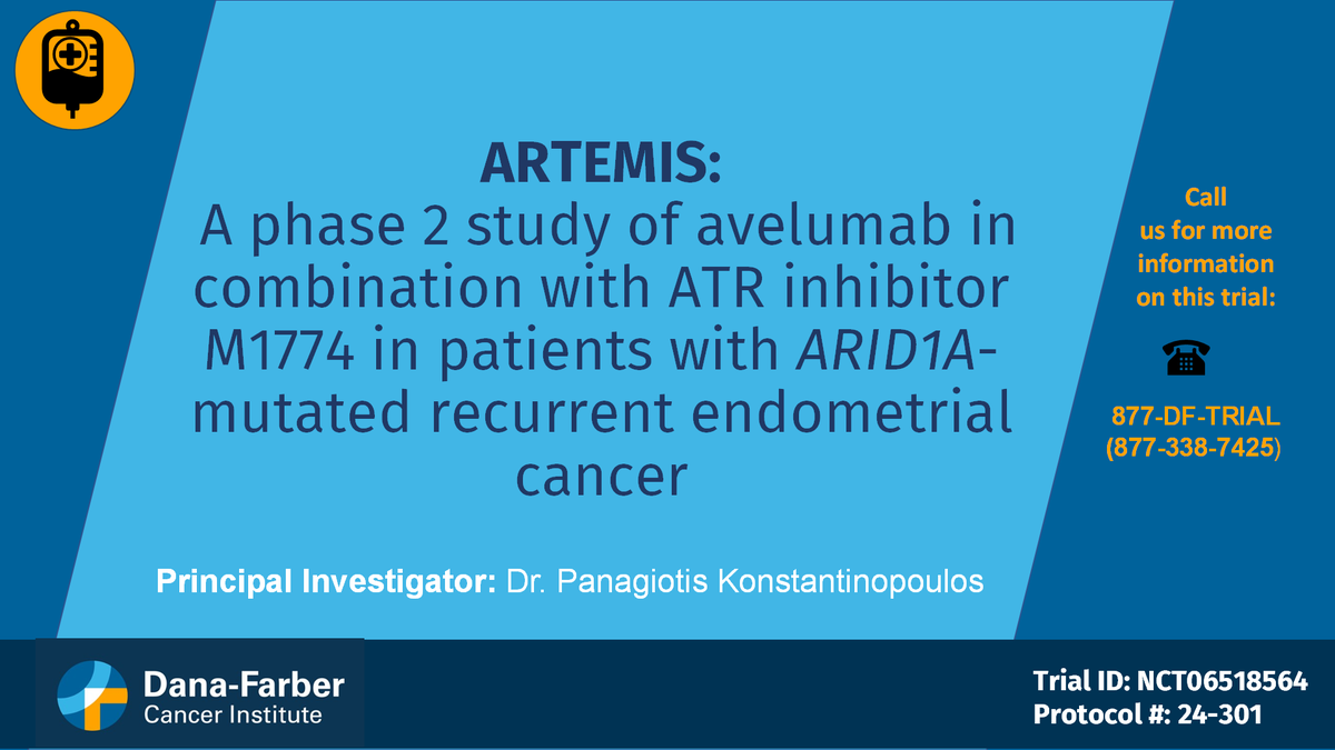 DFCIGynOnc's tweet photo. @DFCIGynOnc is leading a phase 2 study for recurrent ARID1A-mutated #endometrialcancer that involves PD-L1-targeting #avelumab with ATR-inhibitor M1774 (#tuvusertib). For info, call 877-338-7425 or visit: https://t.co/cgTnhFauAn https://t.co/yNalW0tp6T