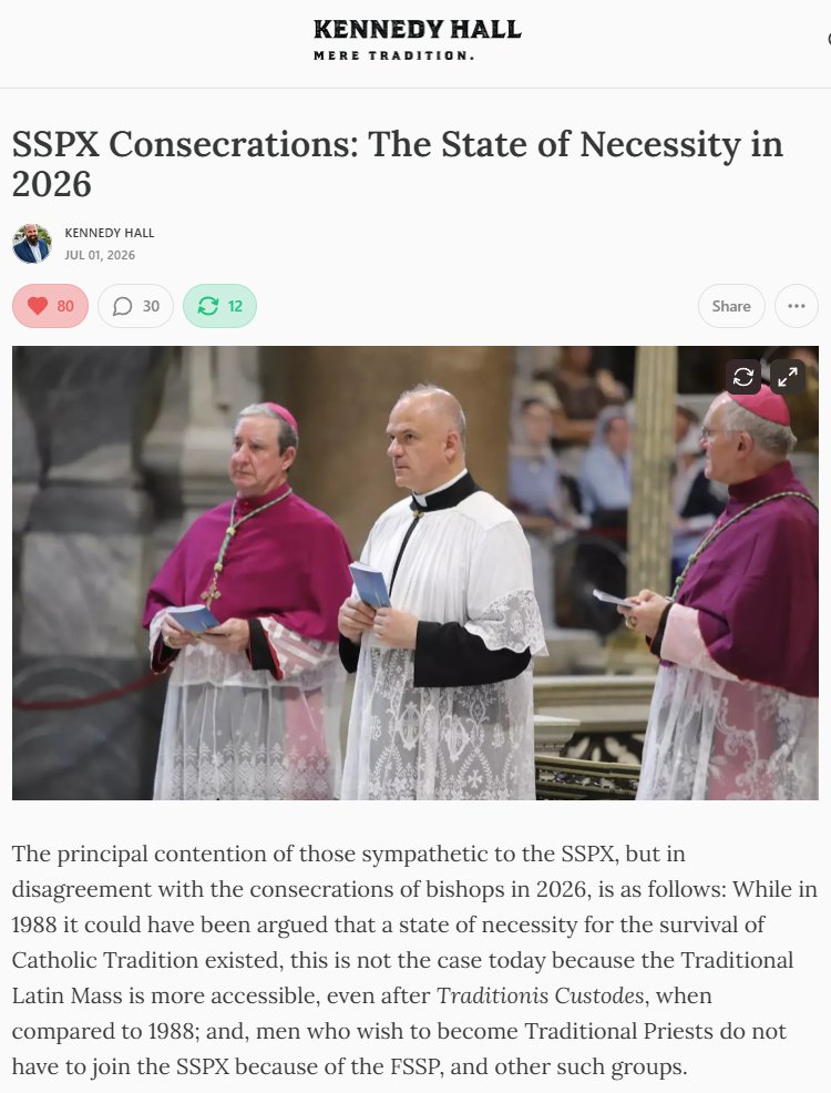 DrKwasniewski's tweet photo. I have said all along that I am not taking a public stance against or in favor of the SSPX, and that remains true. As a result, fire-breathing opponents of the Society, some of whom (I am ashamed to say) even rejoice in today’s excommunications, will no doubt write me off as a duplicitous agent, while adamant defenders of it may call me a coward or a half-hearted defender of tradition. And so on. I’ve heard it all before. 

But it’s not fundamentally about attitudes, it’s about theology. As a philosopher and theologian, I can make convincing arguments on both sides all day long. 

The one side takes as its first principle that communion in the Church requires, above all else and before all else, union with and submission to the pope of Rome; and therefore absolutely nothing could ever “compete,” as it were, with this good. It is the “summum bonum” as far as the Church on earth is concerned; one may never, in any circumstance whatsoever, defy church authority.

The other side takes as its first principle “salus animarum suprema lex” (the health, welfare, salvation of souls is the highest law)—a law, they argue, which can, in peculiar circumstances, suspend or modify the usual rights of the Church hierarchy, which has as its raison d'être bringing souls the goods they need and deserve (the pope as “servus servorum Dei”; another way of putting it is that authority loses its binding force when it threatens or undermines the common good).

Obviously, this is a mere sketch of the two sides, and whole books have been written from and for the one or the other perspective. (I have contributed to this literature with several books, among them "True Obedience in the Church: A Guide to Discernment in Challenging Times" and “Bound by Truth: Authority, Obedience, Tradition, and the Common Good.")

If you think the one or the other position is obviously, self-evidently, exceptionlessly correct—a “no brainer”—then I believe you might be a simpleton. You might be deceiving yourself if you have no moment of hesitation or doubt, no sympathy that might tug you toward the opposite point of view. That is why I consider this moment to be especially tragic: it causes division not only within the Church at large, but also within the breast of every educated and attentive Catholic, in whom the tension between tradition and authority is like a perpetual tug of war. *It should not be this way* and that itself is a sign of the depth of our crisis.

So much is being written about these things that one can feel overwhelmed, like a swimmer drowning in a stormy ocean. For this reason, I would like to present two essays that seem to me to convey effectively the two positions sketched above: one, against the SSPX, by Eric Sammons; the other, by Kennedy Hall, in favor of it (links below). 

I defy anyone to read these carefully and then to say, of either one, “It’s worthless, he has no case to make, it’s a closed book—just obey! (or: just shake the dust off your feet!).” I don’t think anyone, not a single person, has a slam-dunk case at this moment. To be completely honest and transparent, THAT is why I don’t come down more definitively on these questions. My conscience would not allow me to do so, and I’m enough of a disciple of St. Thomas Aquinas and St. John Henry Newman to know that I cannot act against my conscience.

No one, at any rate, could call into question my devotion and dedication to liturgical tradition, which I consider the single most important issue facing the Latin Church—yes, in a way, even greater than doctrinal issues. After all, in the very diverse world of Catholic traditionalism, the traditional Roman Rite is perhaps the one and only thing on which every type of traditionalist agrees. It has at least a pragmatic priority as a non-negotiable pastoral good. Regardless of how much the SSPX may insist on “doctrine” as its principal focus, the TLM is inseparable from its overall case (can you imagine an SSPX with the Novus Ordo?). 

And that is why, as long as ‘Traditionis Custodes’ remains on the books and bishops are allowed to destroy TLM communities with impunity, there will be no prospect of peace on the horizon, and the Society will continue to expand. The key to overcoming this purported schism rests firmly in the hands of the Church hierarchy, which can end the liturgical (and doctrinal and moral) crisis whenever it truly desires to do so or even begins to desire to do so. That may still be a very long time.

“O God, the heathens are come into thy inheritance, they have defiled thy holy temple… We are become a reproach to our neighbours: a scorn and derision to them that are round about us. How long, O Lord, wilt thou be angry for ever: shall thy zeal be kindled like a fire?... Remember not our former iniquities: let thy mercies speedily prevent us, for we are become exceeding poor. Help us, O God, our saviour: and for the glory of thy name, O Lord, deliver us: and forgive us our sins for thy name's sake… Let the sighing of the prisoners come in before thee.” Psalm 79 (DR)

Eric Sammons:
https://t.co/wWcVCTwLnV

Kennedy Hall:
https://t.co/JmOtjliVEi

"True Obedience in the Church"
https://t.co/iLcc6v2d8f

"Bound by Truth"
https://t.co/x9JNdzvZRh