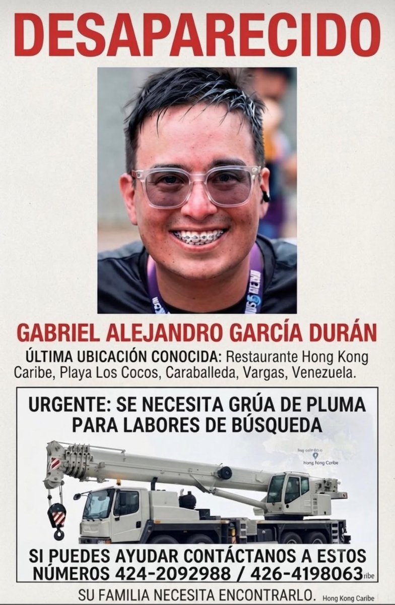 2001OnLine's tweet photo. Gabriel García se encuentra desaparecido desde el pasado 24 de junio. Se requiere con urgencia una grúa de pluma para las labores de búsqueda dentro del Restaurante Hong Kong Caribe en Playa Los Cocos, Caraballeda #2jul https://t.co/2XanRKOfxf