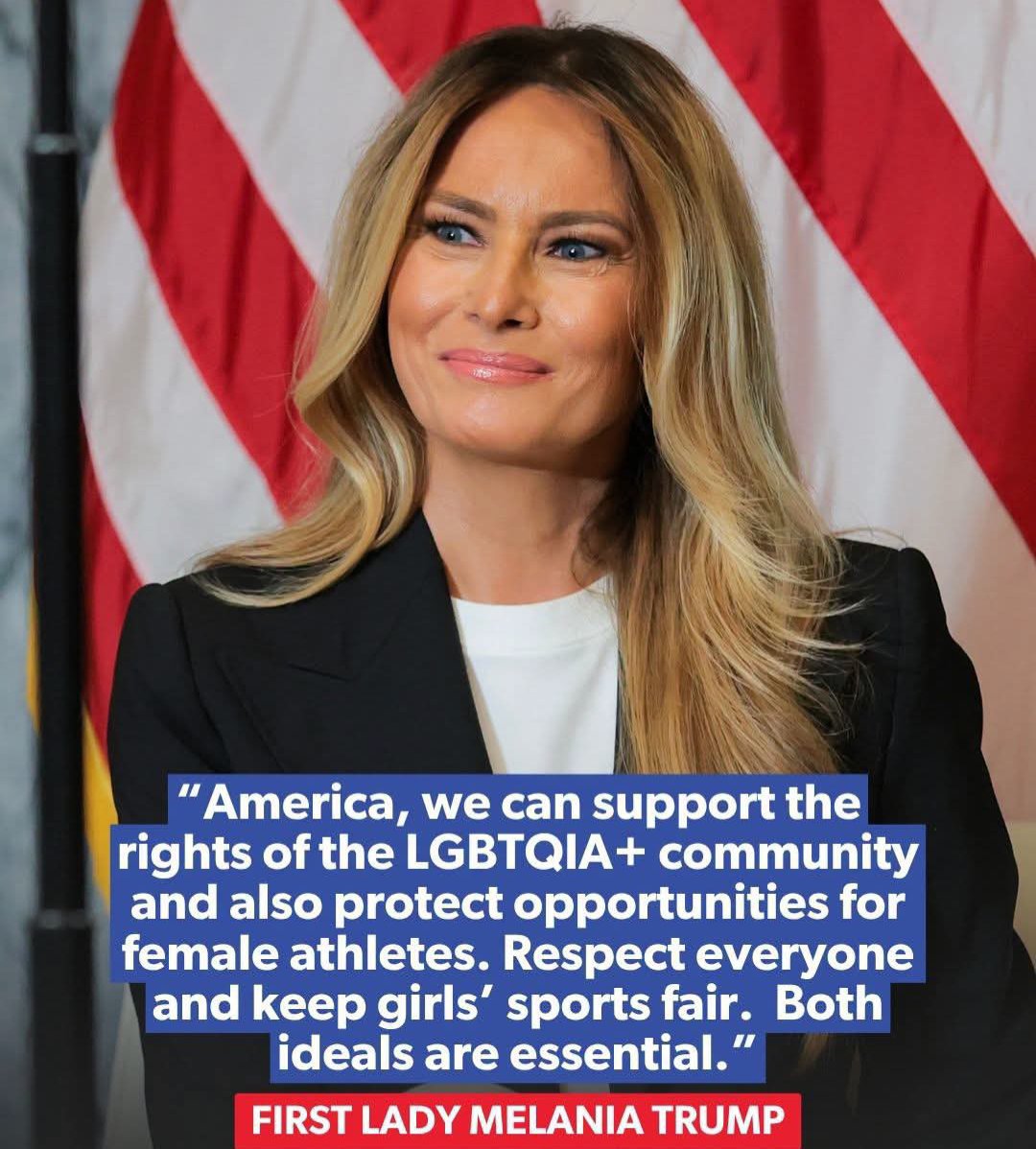 Ro_bert012's tweet photo. First Lady Melania Trump drops truth: She supports LGBTQ rights but says girls' and women's sports MUST be for BIOLOGICAL FEMALES only. No more men stealing trophies and scholarships.

Do you stand with Melania on protecting women's sports?

A. Yes
B. No https://t.co/ctvdaiZQEH