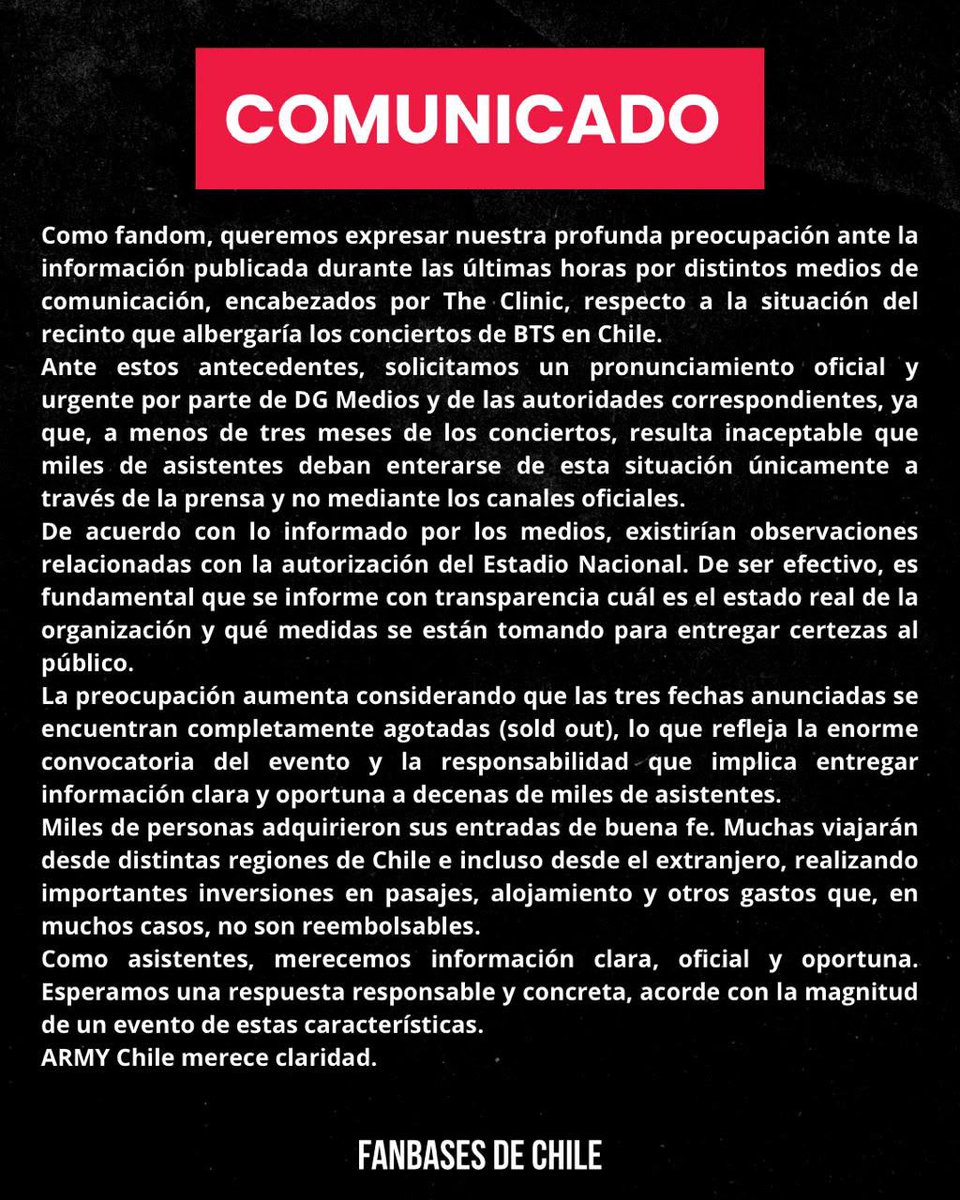 ConnectedBts's tweet photo. Como fanbases organizadas de BTS en Chile, solicitamos un pronunciamiento oficial por parte de DG Medios y las autoridades competentes respecto a la información difundida durante las últimas horas sobre el Estadio Nacional https://t.co/Y9GAYeVQAZ