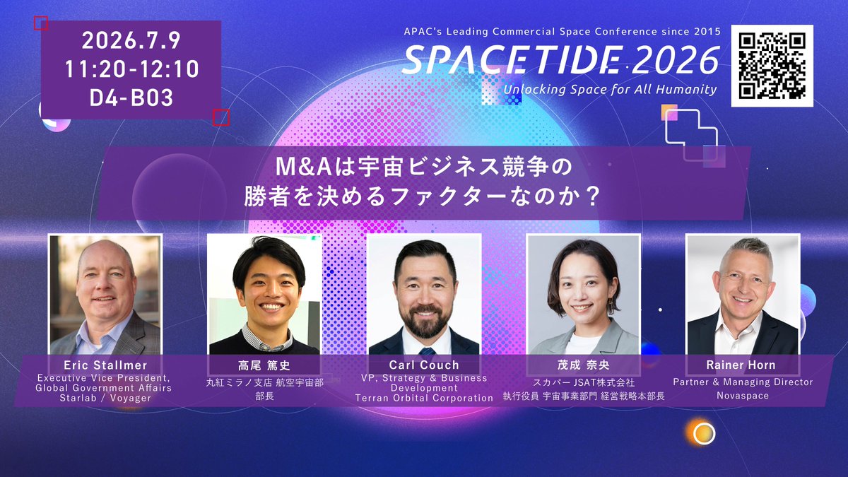 SpaceTide_Conf's tweet photo. PICK UP! SPACETIDE 2026 パネル紹介

2026年7月9日(木)  11:20 - 12:10
＜M&Aは宇宙ビジネス競争の勝者を決めるファクターなのか？＞
海外の新興宇宙企業が買収による垂直統合を加速させる一方、日本では大手・商社・スタートアップがタッグを組む「独自モデル」が台頭しています。さらに、国内でも大手プライムによるスタートアップの吸収など、再編の動きが急激に加速しています。本セッションでは「買い手」「売り手」「連合形成者」の当事者、そして実務アドバイザーが集結！M&Aやアライアンスがこれからの宇宙ビジネスの競争優位をどう塗り替えるのか、その生々しい戦略を語り尽くします。

2026年7月6日(月) - 7月9日(木)
虎ノ門ヒルズフォーラム
▼詳細・登録はこちら
https://t.co/XZkmDZkF8C 
#宇宙ビジネス #M&A #SPACETIDE