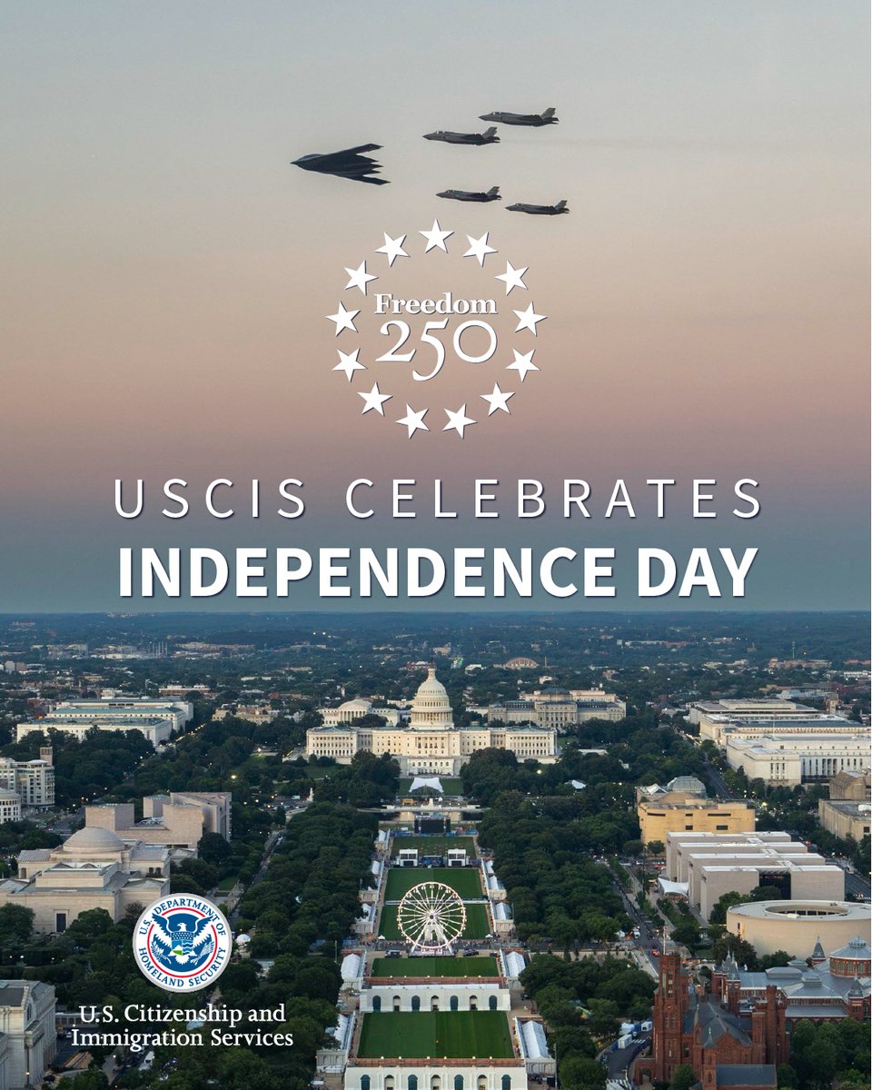 USCIS's tweet photo. Happy 250th birthday, America!

We honor the courage and vision of those who founded our nation and all who have sacrificed and contributed to her remarkable story. Wishing everyone a truly meaningful Independence Day! #Freedom250 #IndependenceDay https://t.co/K0We6o1lDl