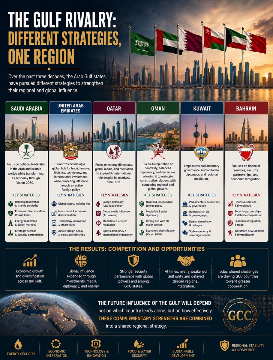 MrEngineerInfo's tweet photo. The Gulf Rivalry: Different Strategies, One Region

Over the past three decades, the Arab Gulf states have pursued different strategies to strengthen their regional and global influence.

Saudi Arabia has focused on political leadership in the Arab and Islamic worlds while transforming its economy through Vision 2030.

The United Arab Emirates has prioritized becoming a global hub for trade, finance, logistics, technology, and international investment, while projecting influence through an active foreign policy.

Qatar has relied on energy diplomacy, global media, and mediation to expand its international role despite its relatively small size.

Oman has built its reputation on neutrality, balanced diplomacy, and mediation, allowing it to maintain constructive relations with competing regional and global powers.

Kuwait has emphasized parliamentary governance, humanitarian diplomacy, and regional mediation, while Bahrain has focused on financial services, security partnerships, and economic integration.

These different approaches have created both competition and opportunities. At times, rivalry weakened Gulf unity and delayed deeper regional integration. Yet today, growing geopolitical uncertainty, technological competition, and economic transformation are pushing GCC countries toward greater cooperation.

The future influence of the Gulf will depend not on which country leads alone, but on how effectively these complementary strengths are combined into a shared regional strategy.

#GCC #SaudiArabia #UAE #Qatar #Oman #Kuwait #Bahrain #MiddleEast #Geopolitics #RegionalSecurity #InternationalRelations #Vision2030 #Energy #GlobalAffairs #InsightAxis