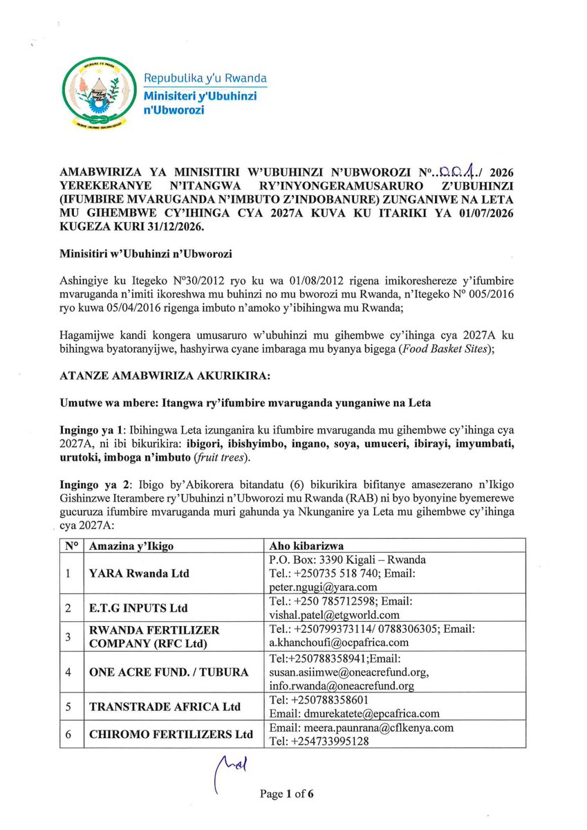 RwandaAgri's tweet photo. Amabwiriza ya Minisitiri w'Ubuhinzi n'Ubworozi yerekeranye n'itangwa ry'inyongeramusaruro z'ubuhinzi z'unganiwe na Leta mu gihembwe cy'ihinga cya 2027A kuva ku itariki ya 01/07/2026 kugeza kuri 31/12/2026. https://t.co/CgoCgOX9lA