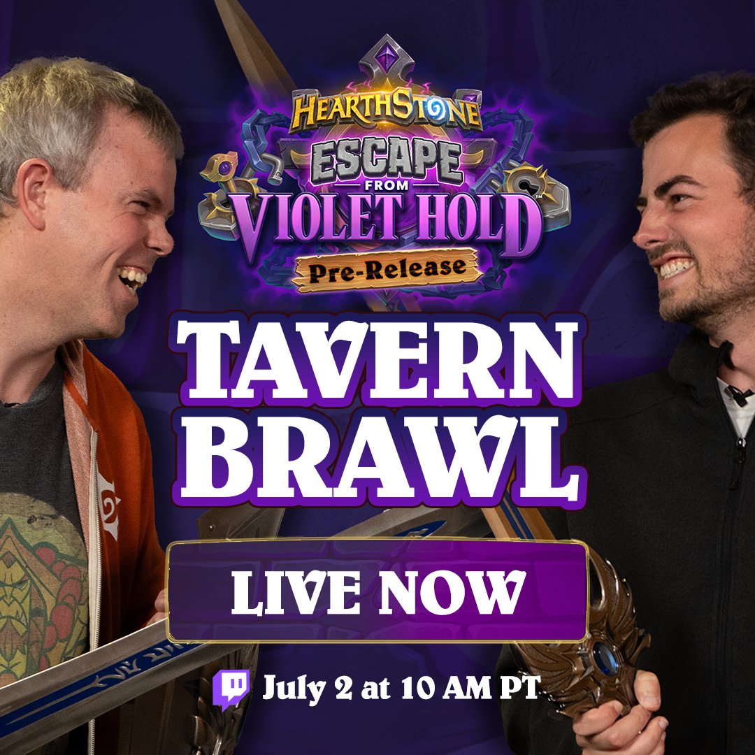 PlayHearthstone's tweet photo. 🚨 We are now LIVE, showing some Escape from Violet Hold Pre-Release Tavern Brawl shenanigans! 
https://t.co/jNW78T8Rs4

Head over to our Twitch and join the fun! https://t.co/WhdQUEJOcg