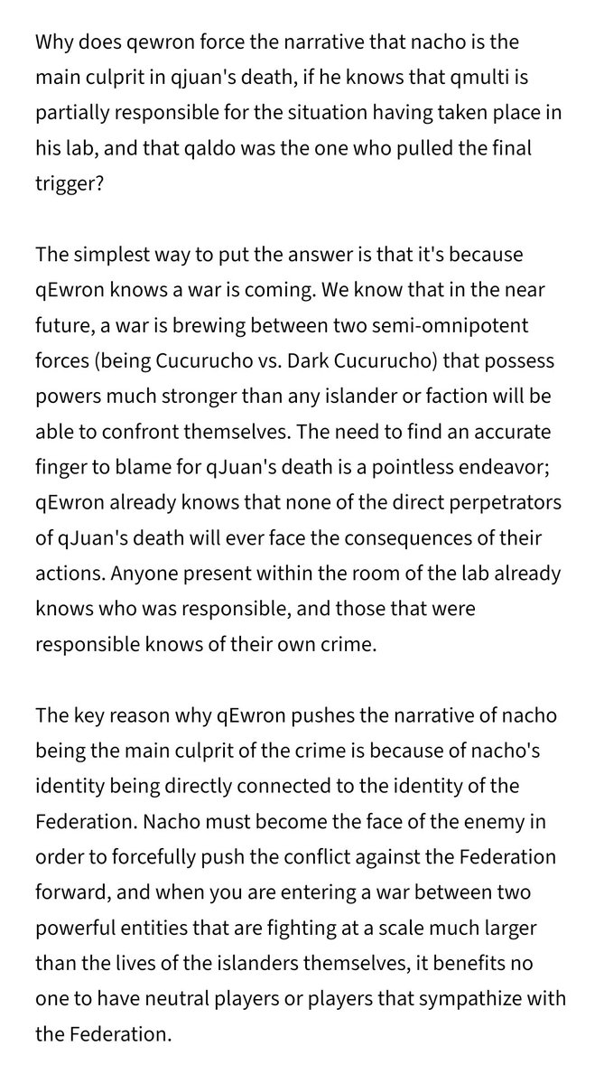 senlimited's tweet photo. "Why does q!Ewron force the narrative that nacho is the main culprit in q!Juan's death, if he knows that q!Multi is partially responsible for the situation having taken place in his lab, and that q!Aldo was the one who pulled the final trigger?" https://t.co/nT3Nt8pG6b