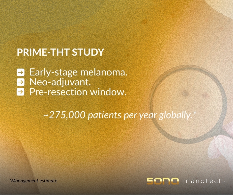 SonaNanotech's tweet photo. The PRIME-THT study is the companion to IGNITE-THT, and it addresses the other end of the melanoma journey. 

PRIME-THT is designed for patients with early-stage melanoma, in the neo-adjuvant window before surgery. The question it is testing: can adding Targeted Hyperthermia Therapy before resection prime the immune system to recognize and respond to the disease before it has a chance to spread? 

The early-stage melanoma patient population is significant. Management estimates approximately 275,000 patients per year globally. And for stage II patients who are resected, roughly 20% will develop metastases. That is the population PRIME-THT is designed for. 

Early readouts are expected within 8 months of study initiation. 

Dr. Carman Giacomantonio, CMO, Sona Nanotech 
https://t.co/d6yw1ZZug0

#Melanoma #ClinicalTrials #Oncology