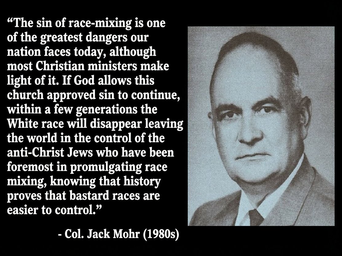 DyerMatthewD's tweet photo. A quote from Race Mixing: A Social and Spiritual Disaster by Lt. Col. Gordon "Jack" Mohr. https://t.co/6Rmxn1Sdip