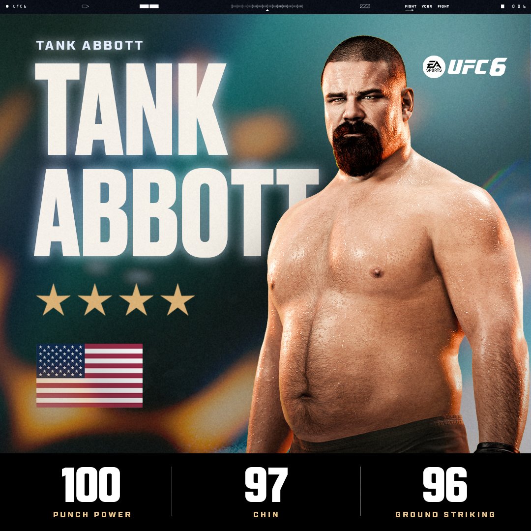 EASPORTSUFC's tweet photo. Power personified! UFC pioneer Tank Abbott is now included in the Fighter Pass just in time for IFW 👊 💥

#UFC6 Ultimate Edition ➡️ https://t.co/OKmxT2IWCI https://t.co/fQIyE0ae6M